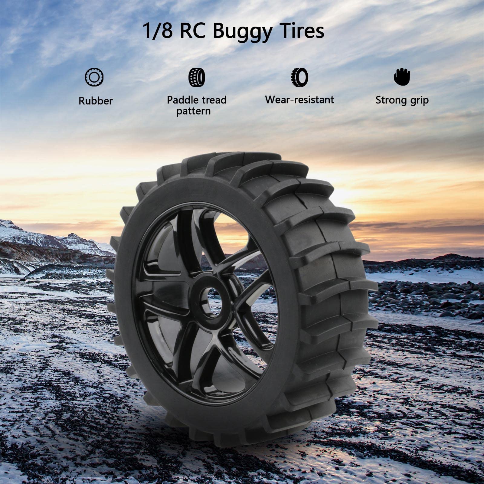 1/8 Scale RC Off-Road Buggy Tires & Wheels Set - 4pcs 17mm Hex Tires with Hex Adapters, Nuts & Wrench for Sand, Snow, Rally & Short Course Terrain - Durable Black RC Car Tires for Hobbyists & Racers (Perfect for Bashing, Crawling & Competitive Racing)