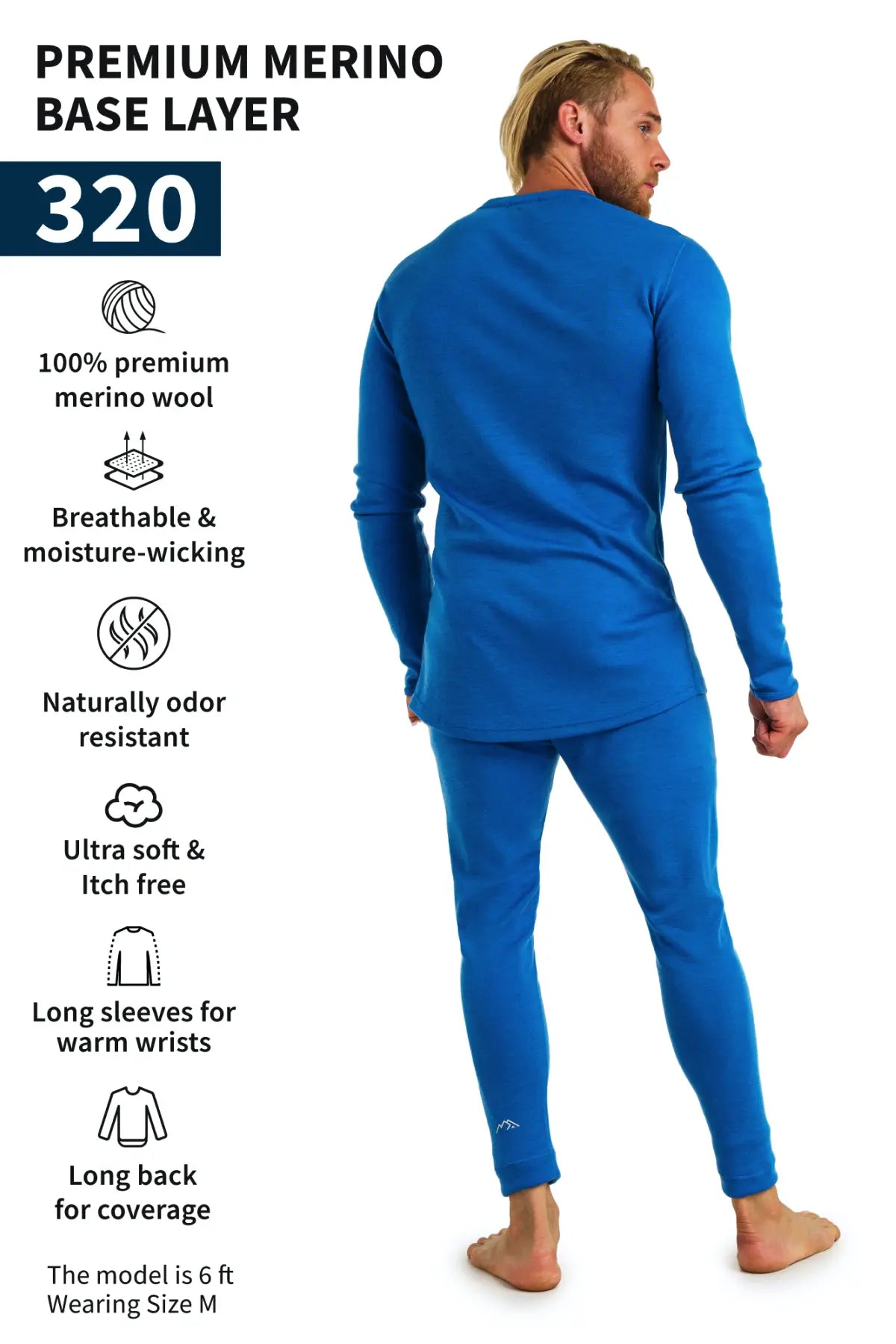Men's Merino Wool Thermal Underwear Set 320 GSM - Ocean Blue | Winter Base Layer for Hiking, Skiing & Cold Weather Activities