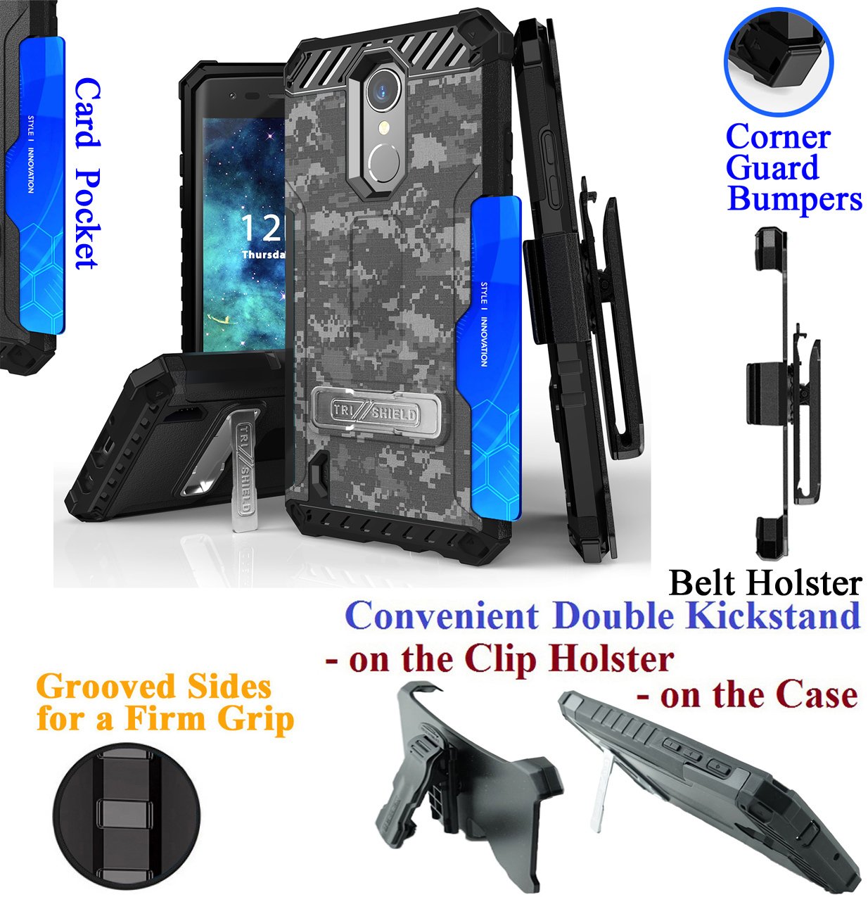 LG Aristo 2 Case with Kickstand & Card Slot - Camo Army Winter for Outdoor Use