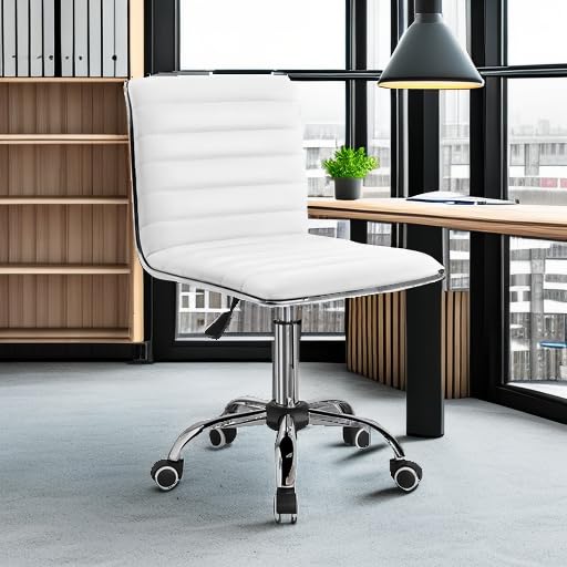 Furmax Mid Back Vanity Chair - White PU Leather Swivel Makeup Stool with Ribbed Design, Armless Retro Office & Computer Desk Chair for Home, Salon, Dressing Room & Workspace