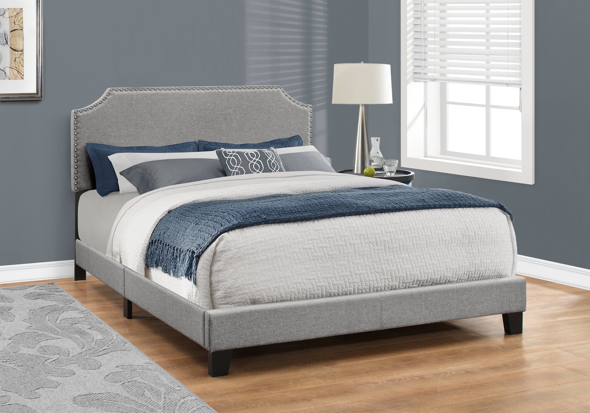 Queen Size Bed Frame with Grey Linen Upholstery & Chrome Trim - Modern Platform Bed for Master Bedroom, Guest Room, or Apartment