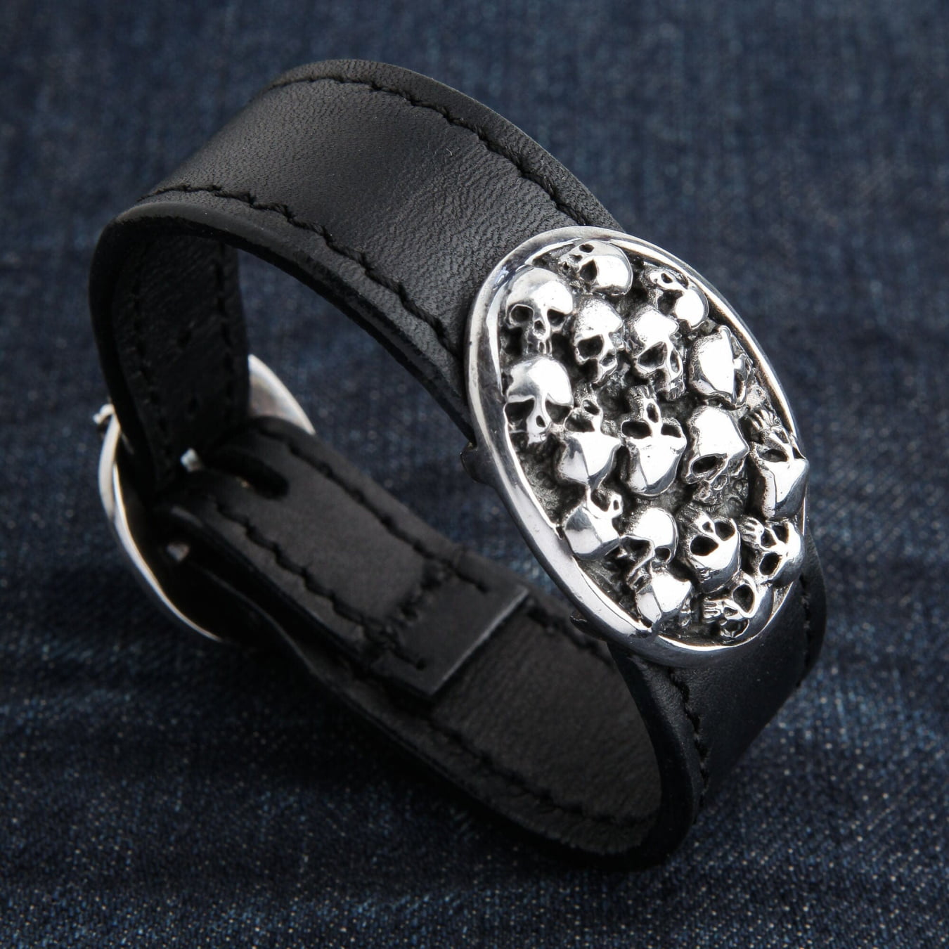 Skull Sterling Silver & Genuine Leather Biker Bracelet for Men - Gothic Punk Rock Jewelry for Motorcycle Riders & Fashion Accessories