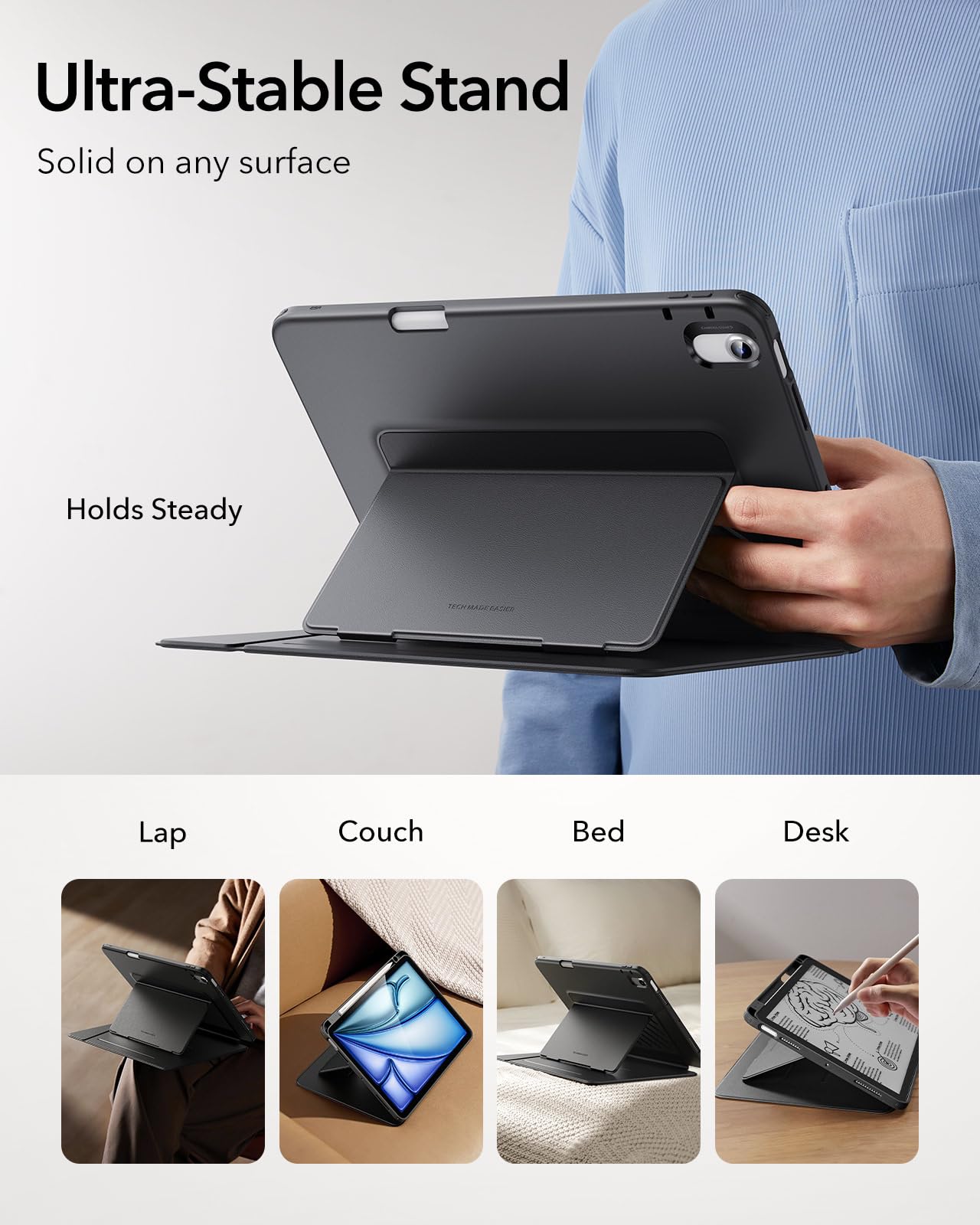 ESR iPad Air 11 Inch Case (2025/2024 M3/M2, 2022/2020 5th/4th Gen) - Vertical Stand Cover with Multi-Angle Viewing, Ultra-Stable Protection & Apple Pencil Holder | Perfect for Work, Study & Entertainment | Flip Series in Black
