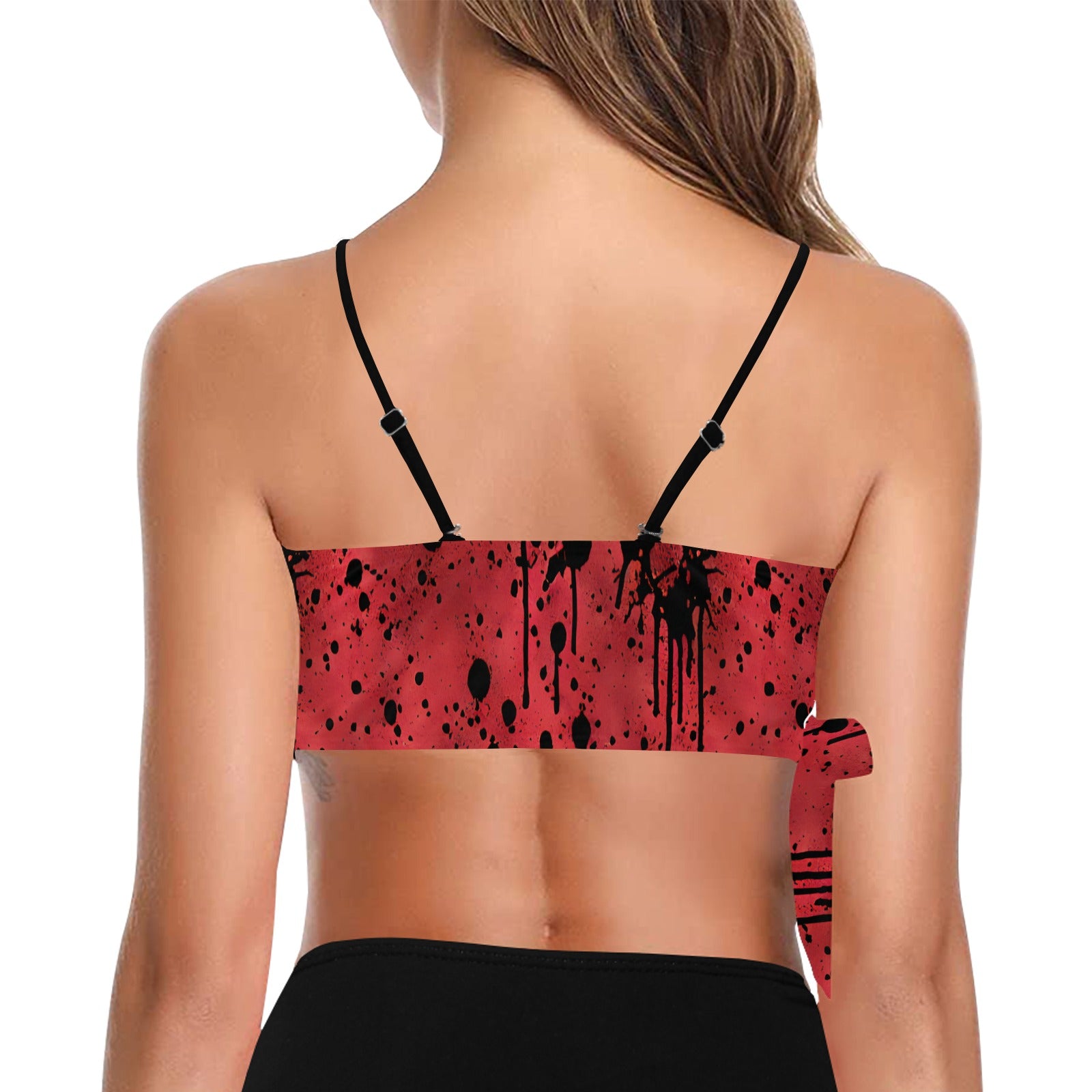 Black Ink Splatter Print Red Knot Side Bikini Top - Sexy Swimwear for Beach, Pool Party & Summer Vacation