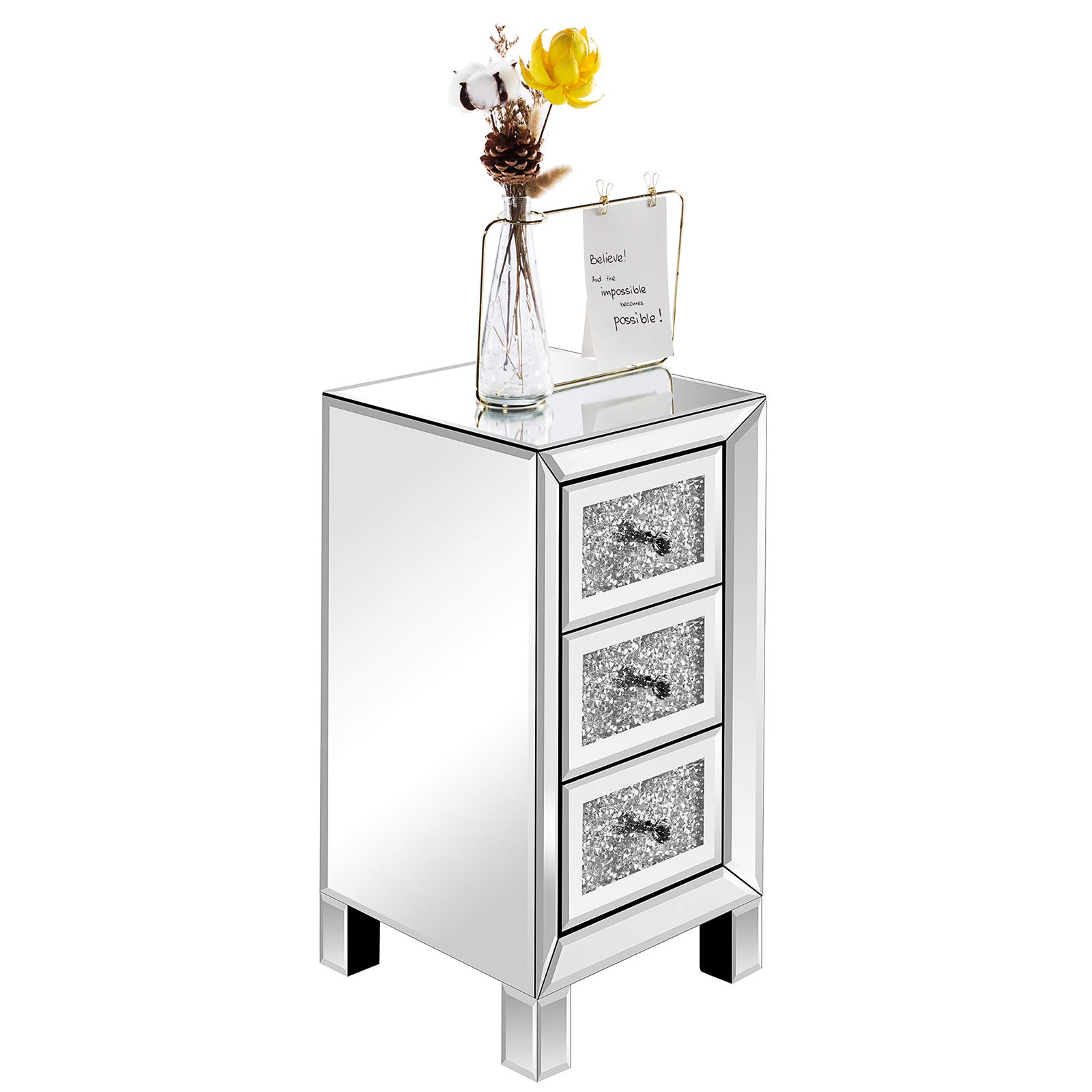 2-Pack Mirrored Nightstands with 3 Drawers - Silver Diamond Reflective Surface Bedside Tables with Crystal Knobs - Elegant Mirrored Wood Accent Tables for Bedroom, Living Room - Perfect for Modern Home Decor & Guest Room Setup