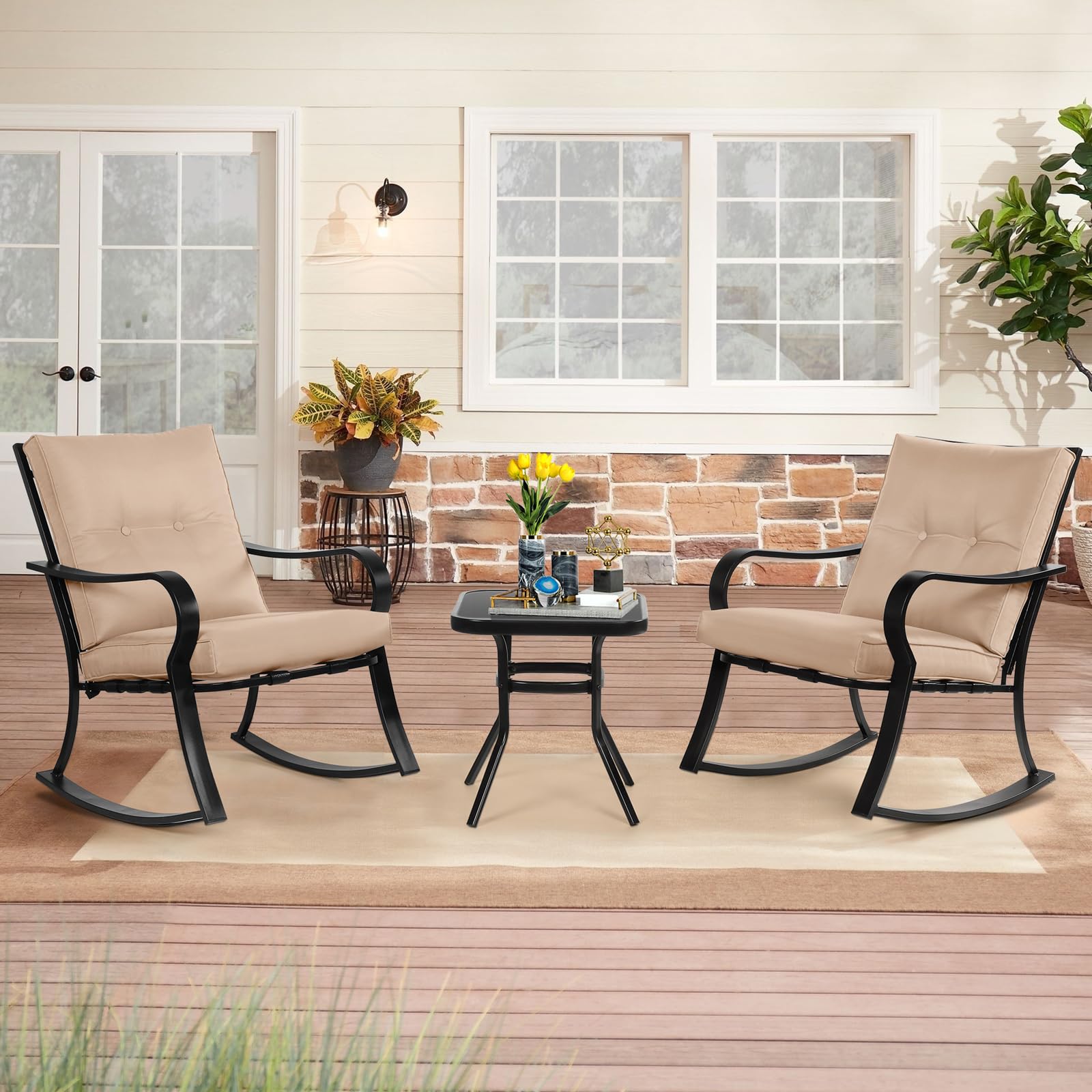 SOLAURA 3-Piece Outdoor Rocking Chair Set with Cushions - Black Iron Patio Bistro Furniture with Glass-Top Coffee Table - Perfect for Garden, Porch & Backyard Relaxation
