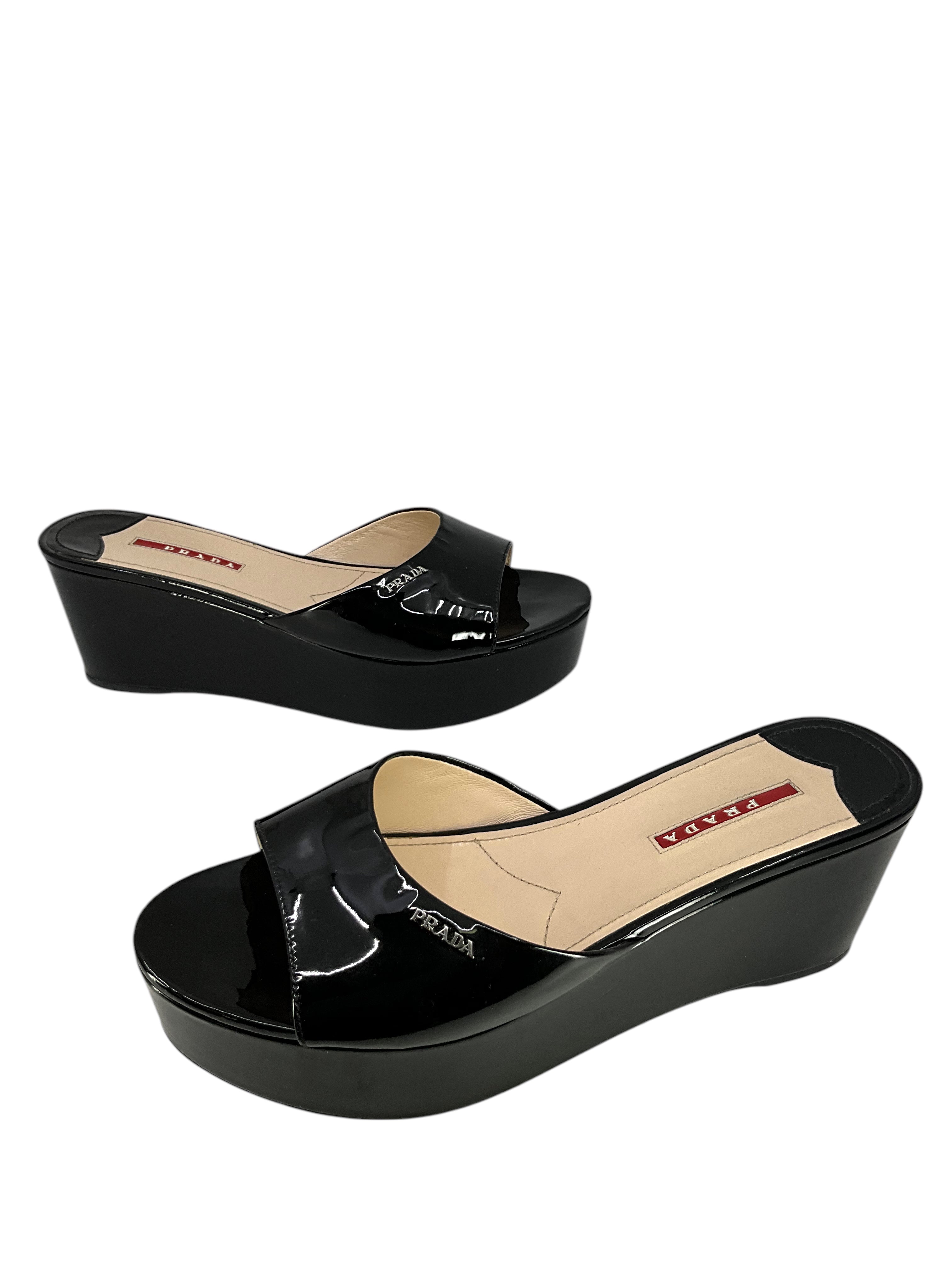 Prada Black Patent Leather Platform Sandals Women's Size 9.5 - Luxury High Heel Dress Shoes for Parties & Evening Events
