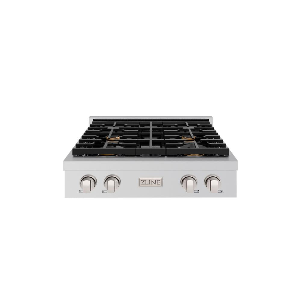 ZLINE 30 Inch Stainless Steel Gas Rangetop with 4 Brass Burners & Porcelain Cooktop - Professional SRT BR 30 Range for Home Kitchen, Perfect for Cooking, Baking & Entertaining