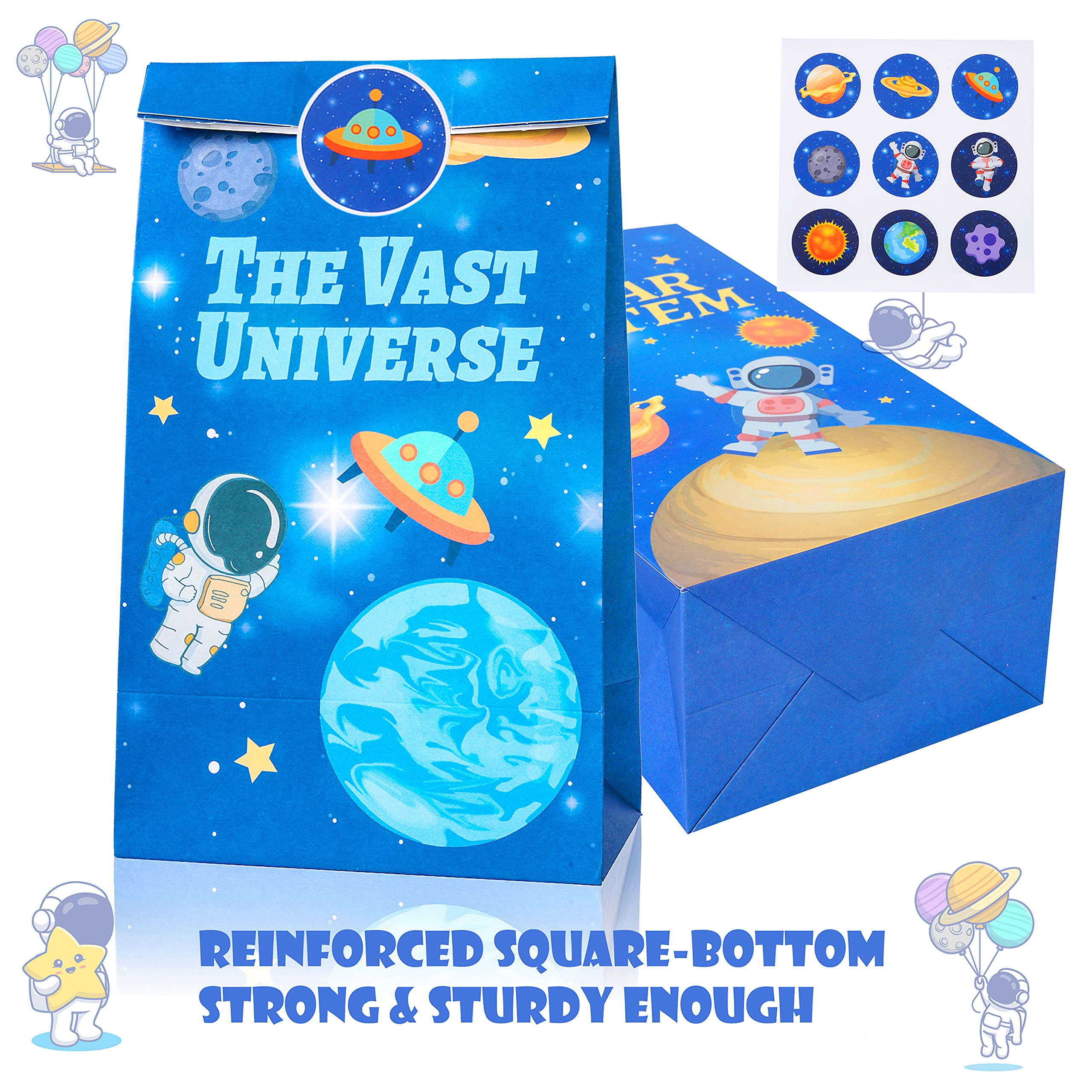 Space Themed Party Favor Bags - 12pcs Astronaut Goodie Bags with Thank You Stickers for Kids Birthday, Space Party Decorations & NASA Themed Events - Perfect for Astronaut Birthday Parties, Classroom Rewards & Outer Space Celebrations