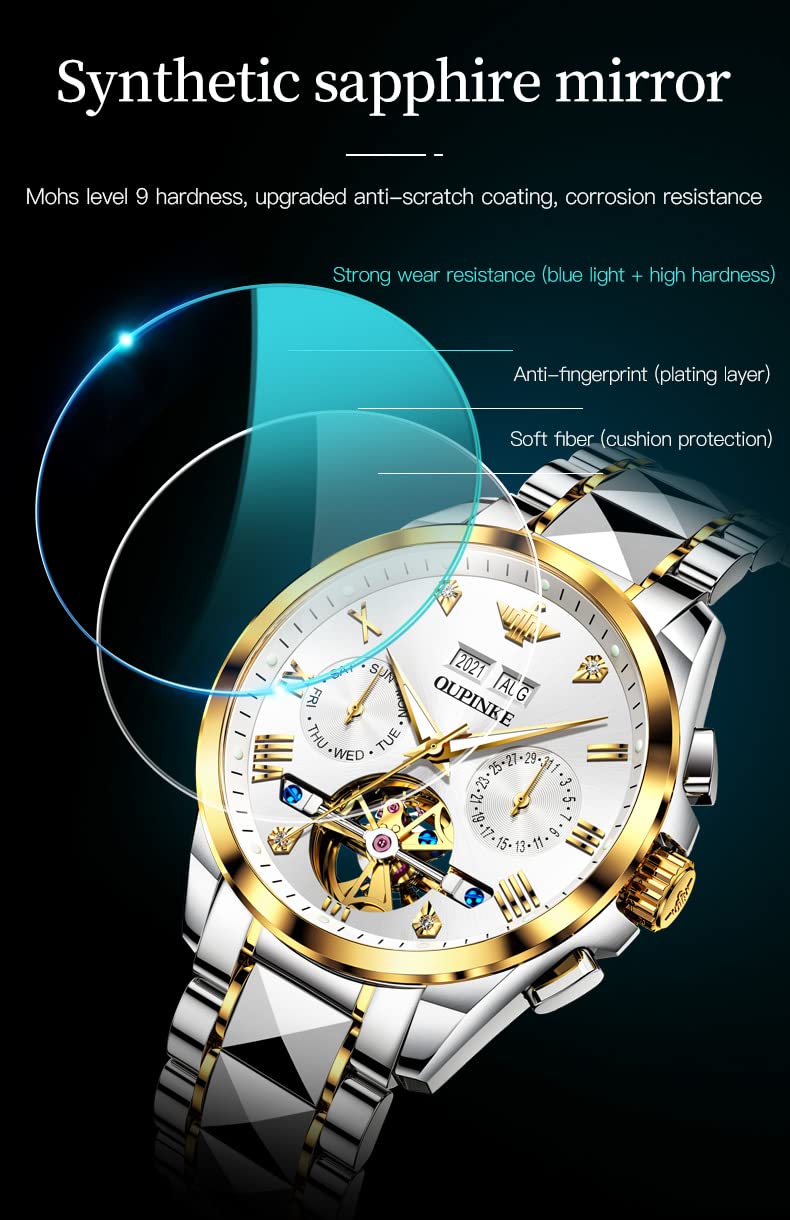 OUPINKE Automatic Skeleton Watch for Men - Self-Winding Mechanical Watch with Hollow Design, Sapphire Crystal, 50M Waterproof & Tungsten Steel Case - Perfect for Business, Formal Events & Everyday Wear