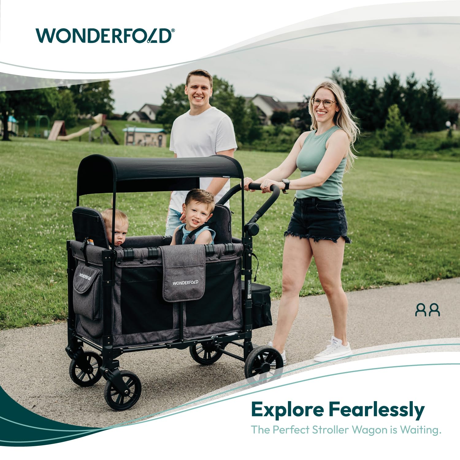 **Wonderfold W2 Elite Stroller Wagon – 2-Seater Collapsible Wagon Stroller with 5-Point Harness, Adjustable Push Handle & Sun Canopy – Elite Black – Perfect for Family Outings, Beach Trips & Shopping**