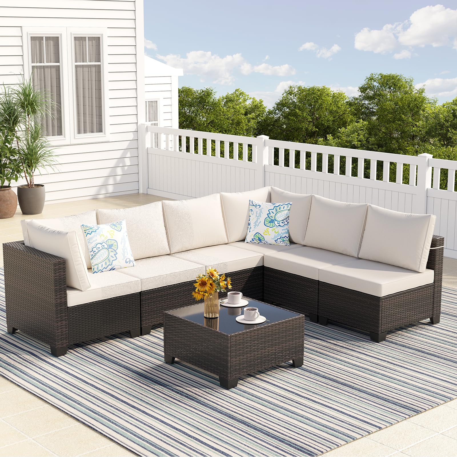 7-Piece Outdoor Wicker Sectional Sofa Set with Cushions - Patio Conversation Furniture for Garden, Backyard & Poolside - Brown/Beige Rattan Sofa for Relaxing & Entertaining