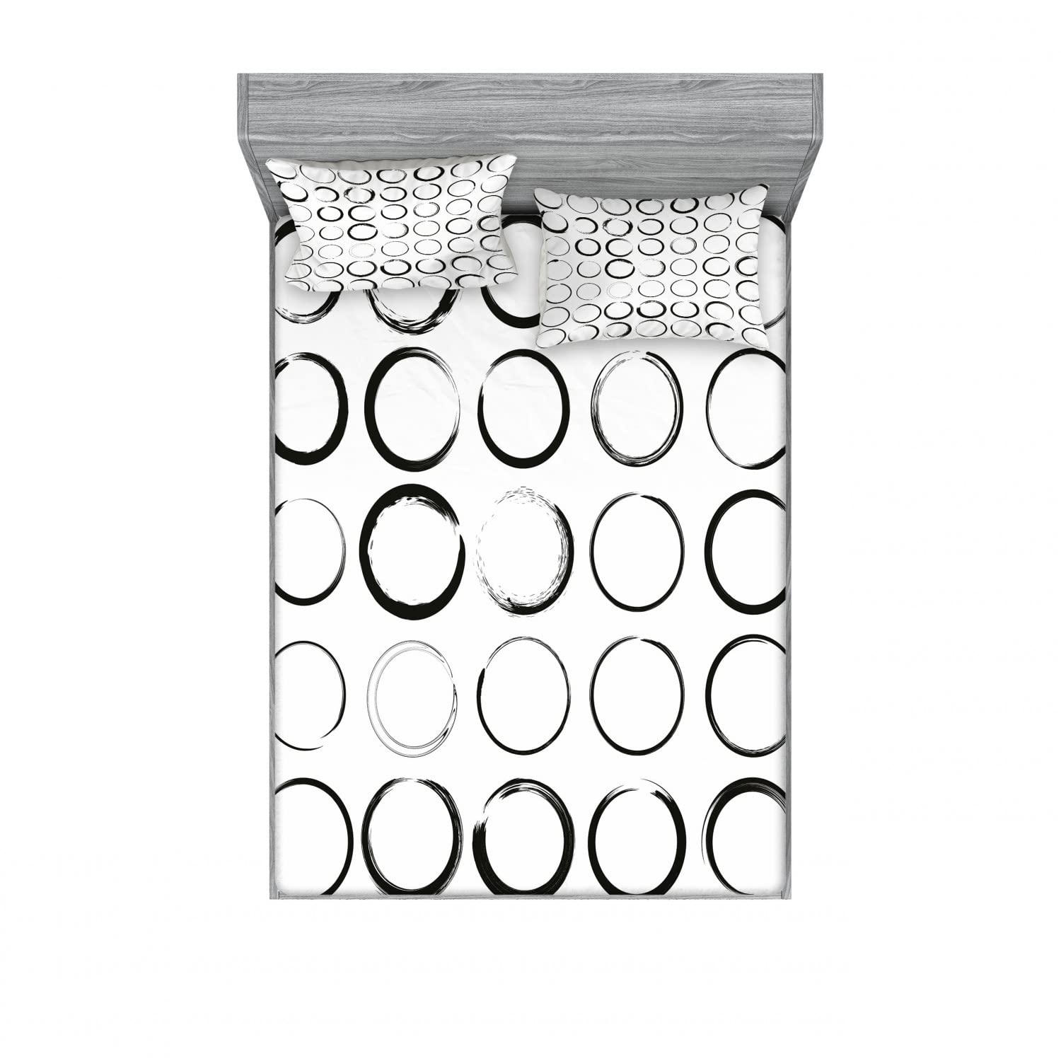 Ambesonne 2-Pack Queen Size Fitted Sheet Set with 4 Pillow Shams - Modern Circle Brush Stroke Design in Black & White - Complete Bedding Set for Master Bedroom, Guest Room or Dorm Decor