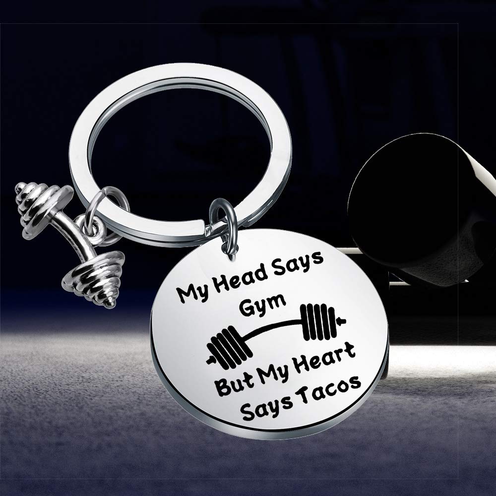 BEKECH Gym Keychain - My Head Says Gym But My Heart Says Tacos - Motivational Fitness Jewelry for Workouts, Gifts & Gym Lovers