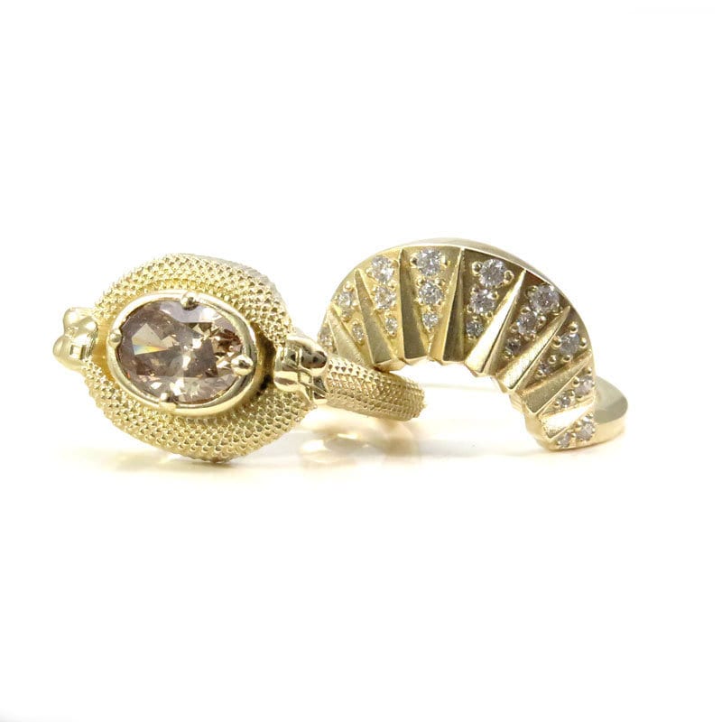 Natural Oval Champagne Diamond Engagement Ring - 14k Yellow Gold Double Trouble Snake Design with Diamond Sunrise Band | Size 6 & 8 | Perfect for Wedding Proposals, Anniversary Gifts & Romantic Occasions