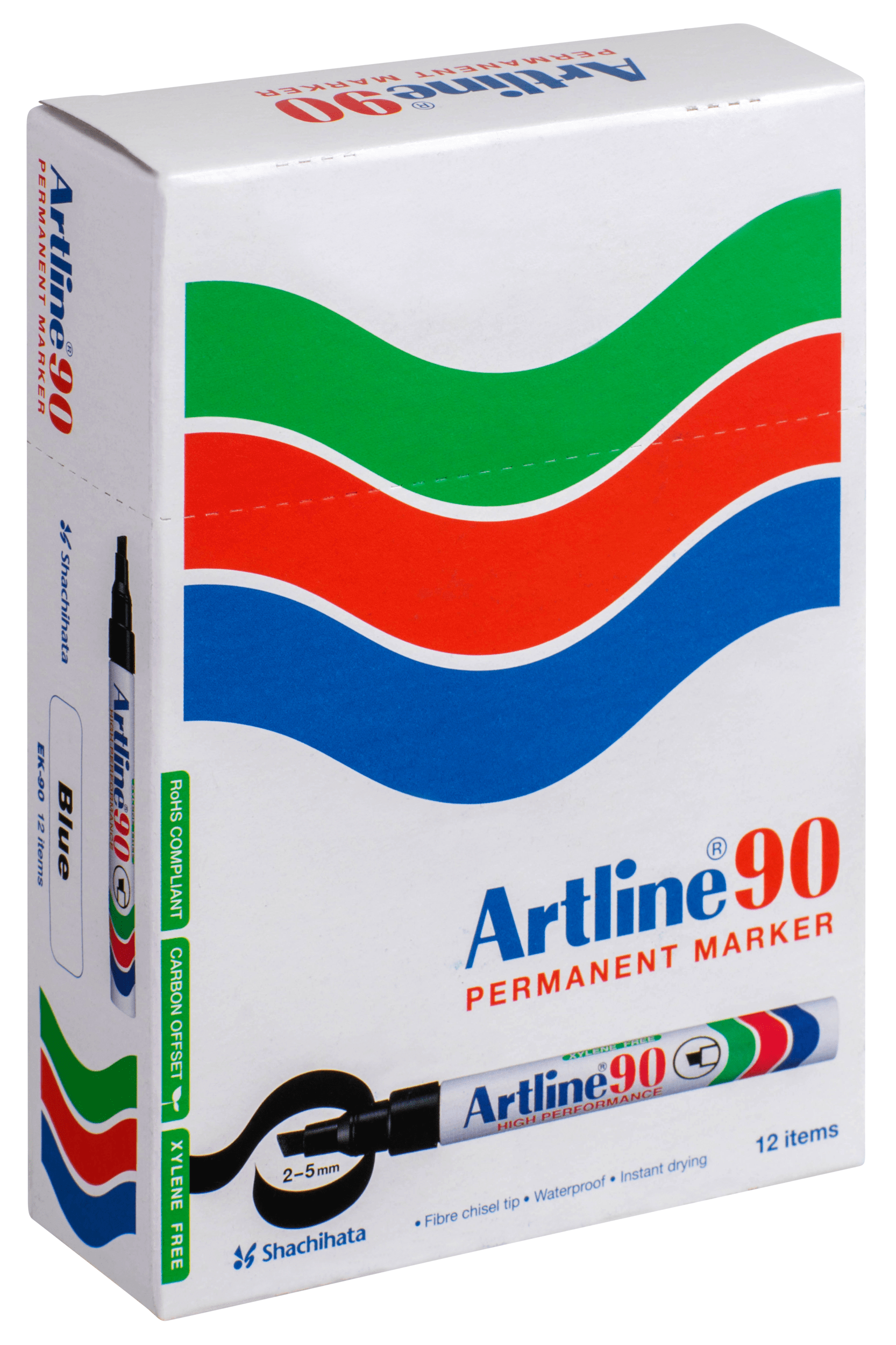 Artline 90 Permanent Marker - 5mm Chisel Tip, Blue Ink, 12-Pack - Ideal for Office, School, Crafts & DIY Projects