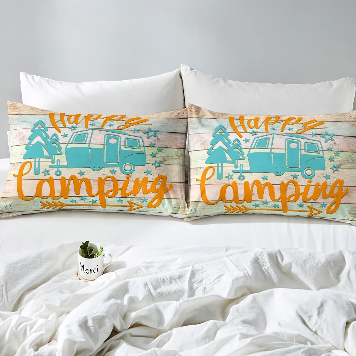 Happy Camping Down Comforter Set for Boys & Teens - Rustic Farmhouse Queen Size Quilted Bedding with 2 Pillowcases | Cozy Camper & Old Barn Door Design for Kids, Teens & Adults | Perfect for Bedrooms, Cabins & Outdoor Adventures