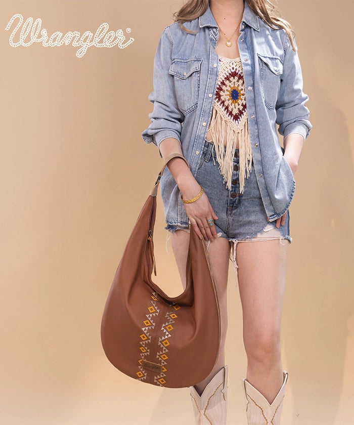 Wrangler Aztec Embroidered Wide Hobo Bag for Women - Stylish Boho Shoulder Purse with Tribal Pattern - Perfect for Casual Outings, Music Festivals & Travel Accessories