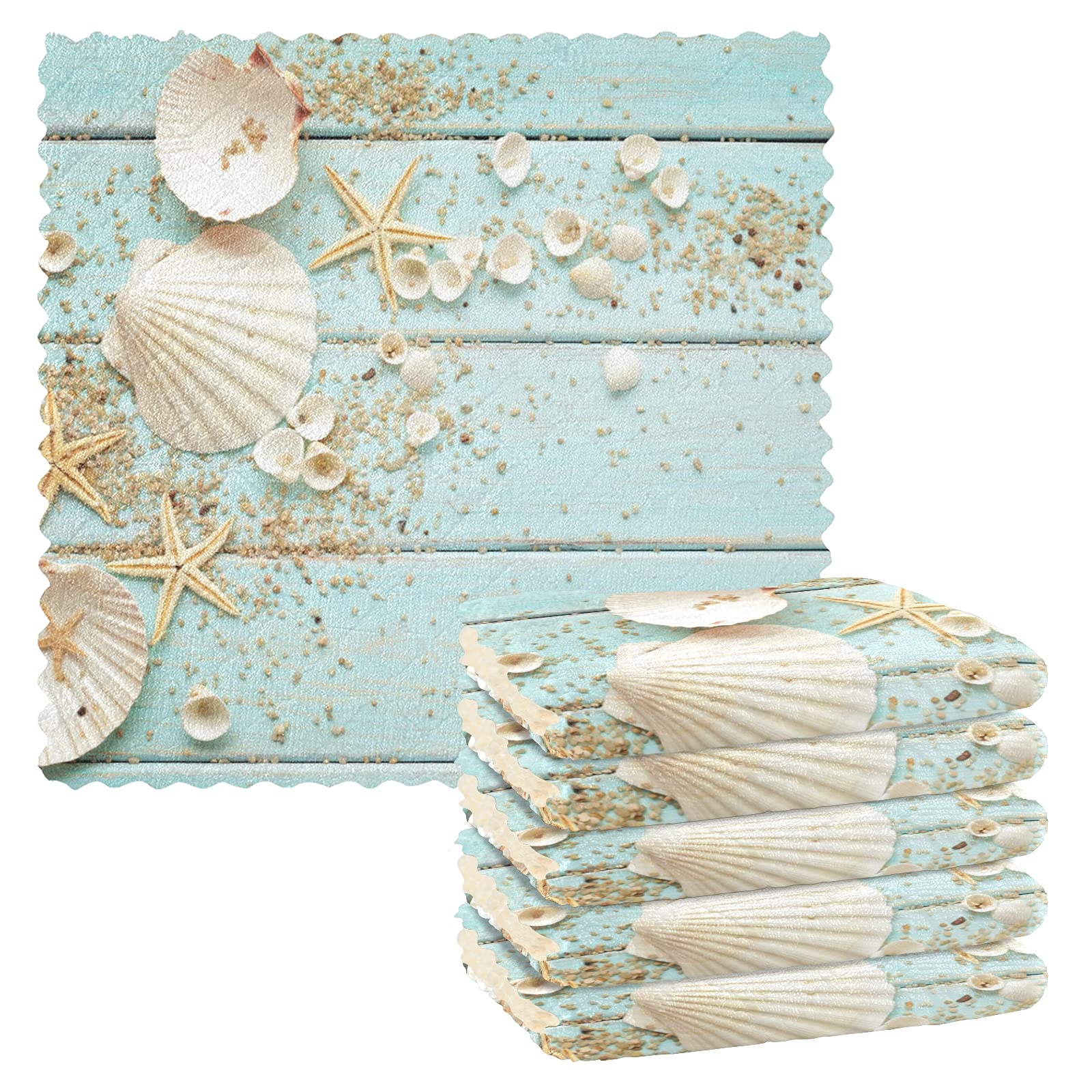 SUABO 6 Pack Seashells Kitchen Towels - Reusable Absorbent Dish Cloths & Cleaning Rags for Dishes, Countertops - Perfect for Kitchen, Dining, and Household Cleaning