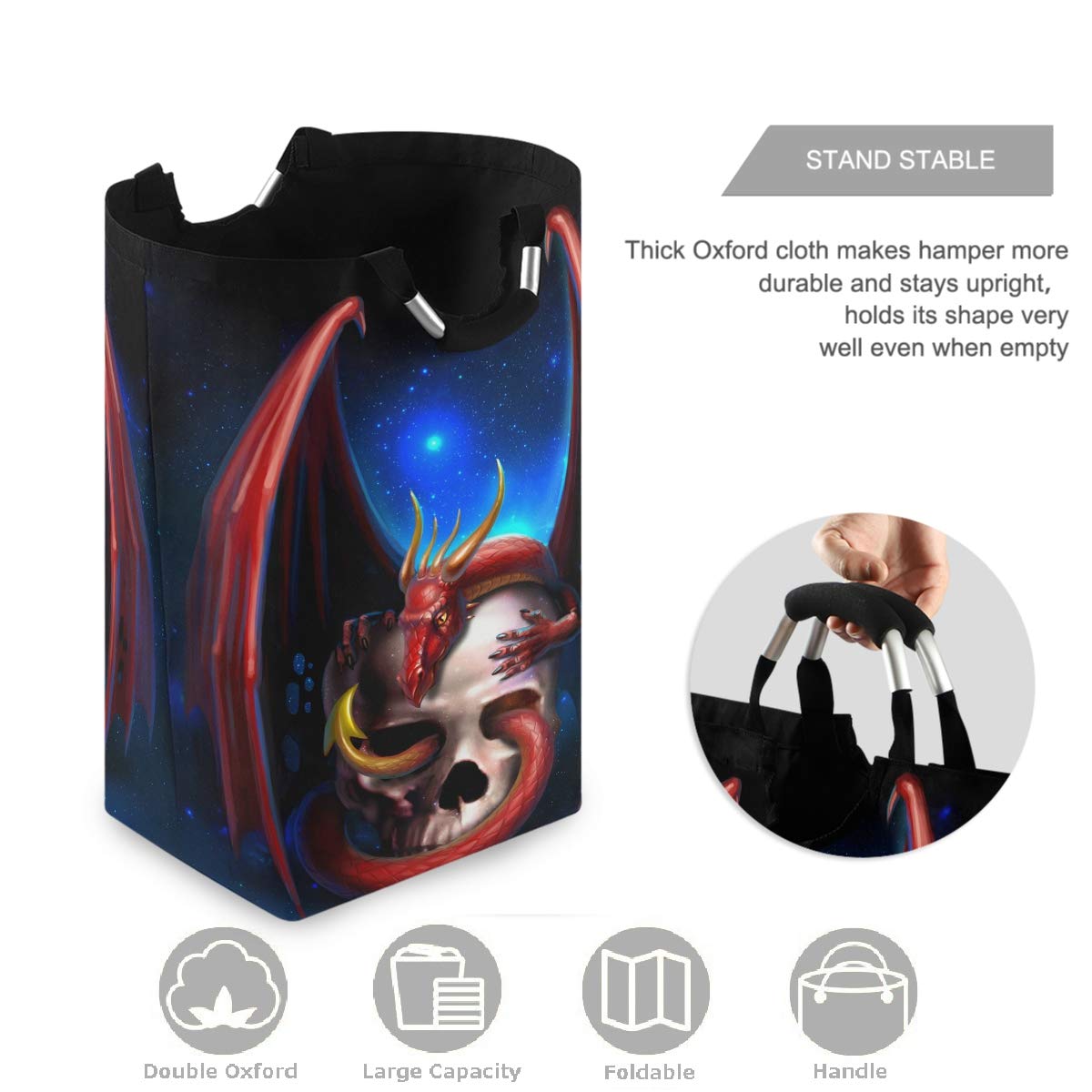 Visesunny Red Dragon Skull Large Laundry Bag - Collapsible Oxford Fabric Laundry Hamper with Handles, Foldable Portable Dirty Clothes Basket, Waterproof Washing Bin & Laundry Tote Bag for College Dorm, Camping, Travel & Home Organization