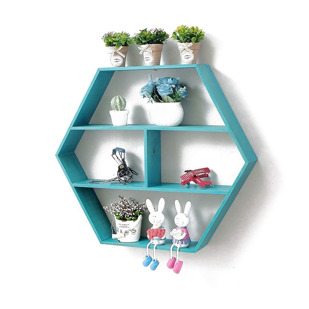 Hexagon Floating Wall Shelves - HHLR Creative Lattice Storage Display Shelves for Home Decor (Blue) | Perfect for Living Room, Bedroom & Office Organization