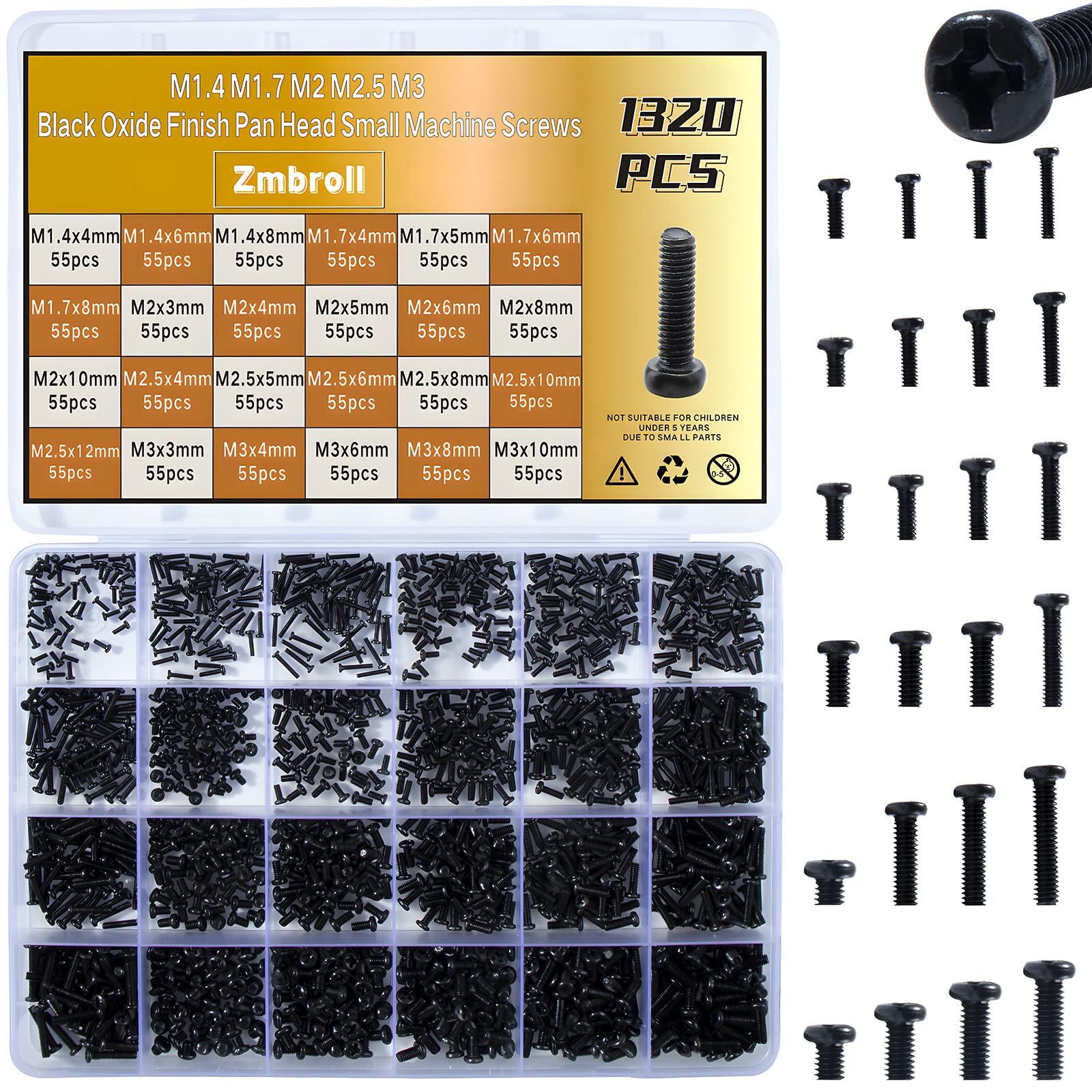Zmbroll 1320Pcs Laptop Screws Kit - Black Pan Head for Notebook, Phone, Watch Repair