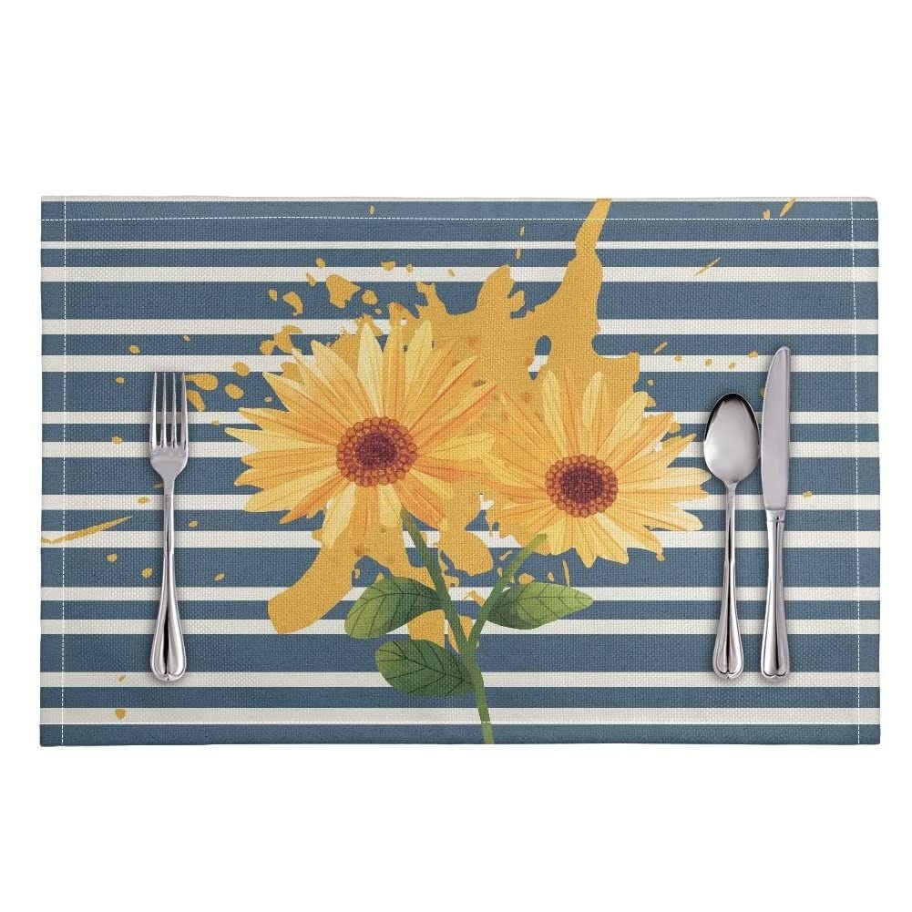 GIFTPUZZ Sunflower Blue Stripe Placemats Set of 4 - Heat Resistant PVC Table Mats for Dining & Kitchen - Washable, Non-Slip, Stain Resistant Vinyl Placemats - Perfect for Everyday Meals, Dinner Parties & Home Decor