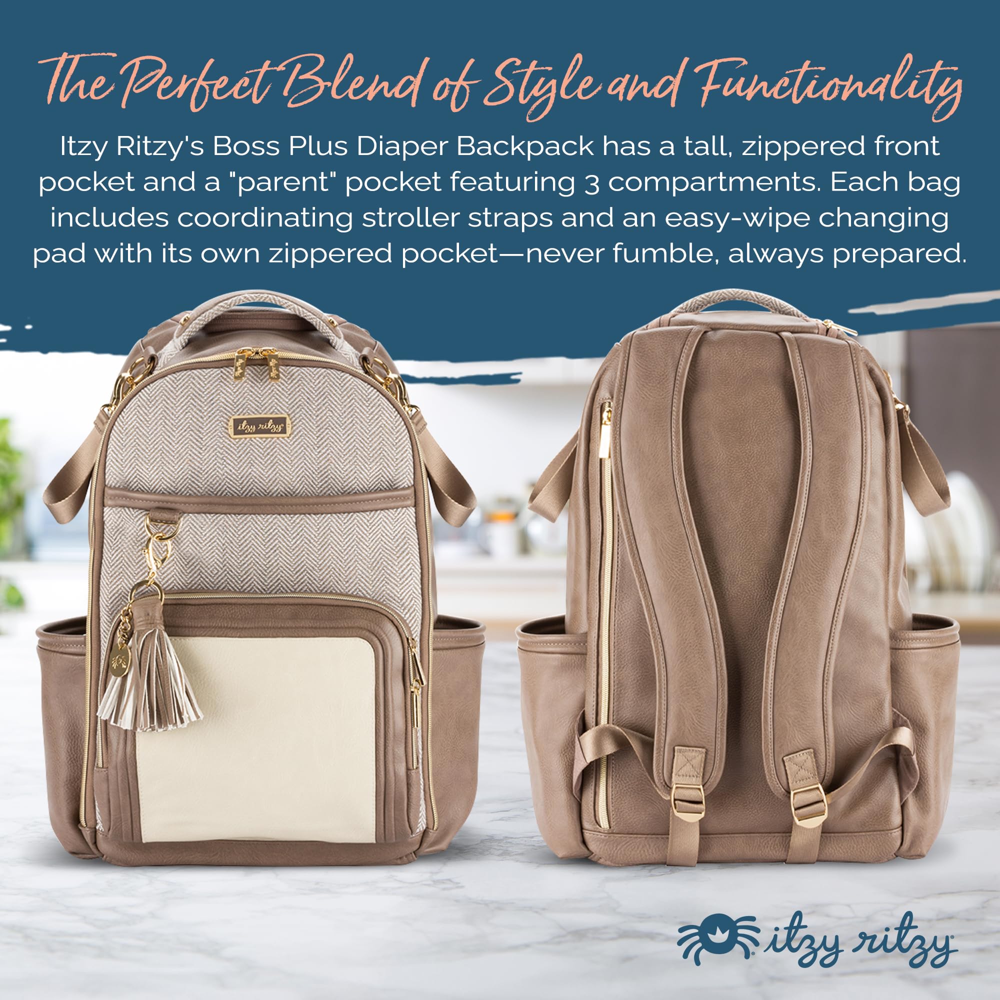Itzy Ritzy Diaper Bag Backpack - Large Capacity Baby Backpack with 19 Pockets, Changing Pad & Stroller Clips | Comfortable Shoulder Straps | Vanilla Latte | Perfect for Moms, Travel & Daily Use with Baby Essentials