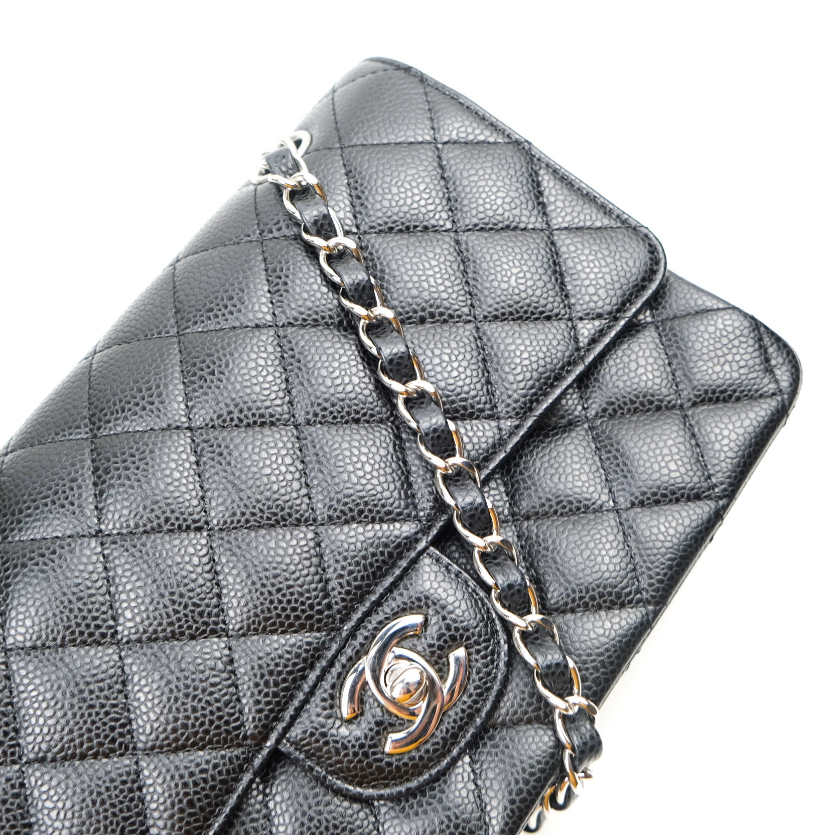 Chanel Classic Double Flap M/L Black Caviar Leather Bag with Silver Hardware - Luxury Designer Handbag for Women, Perfect for Work, Evening & Special Occasions