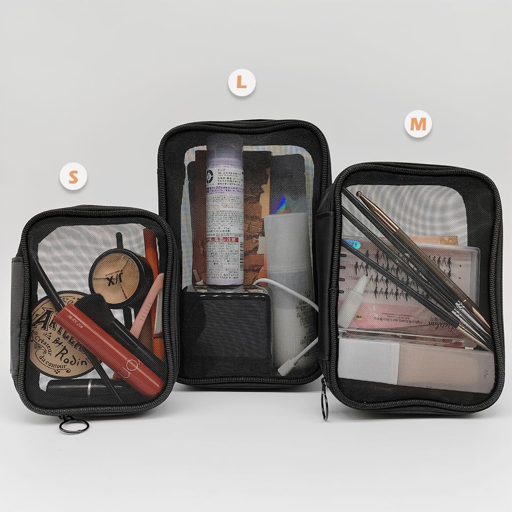 3-Piece Mesh Makeup Bag Set with Zipper - Small, Medium & Large Lightweight Cosmetic Organizer for Travel, Gym & Daily Essentials Storage