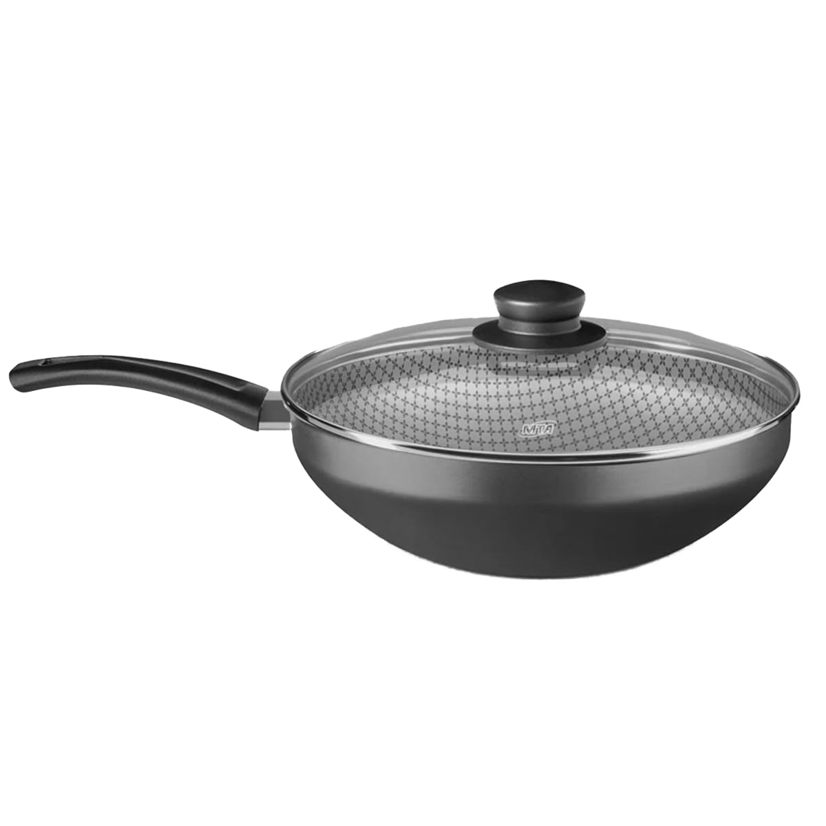 MTA WOK COM TAMPA DE VIDRO FLORA N°28/4.3L - Aluminum Coated Graphite Color Glass Lid Wok Pan for Stir Frying, Sautéing & Asian Cooking - Perfect for Home Chefs & Professional Kitchens