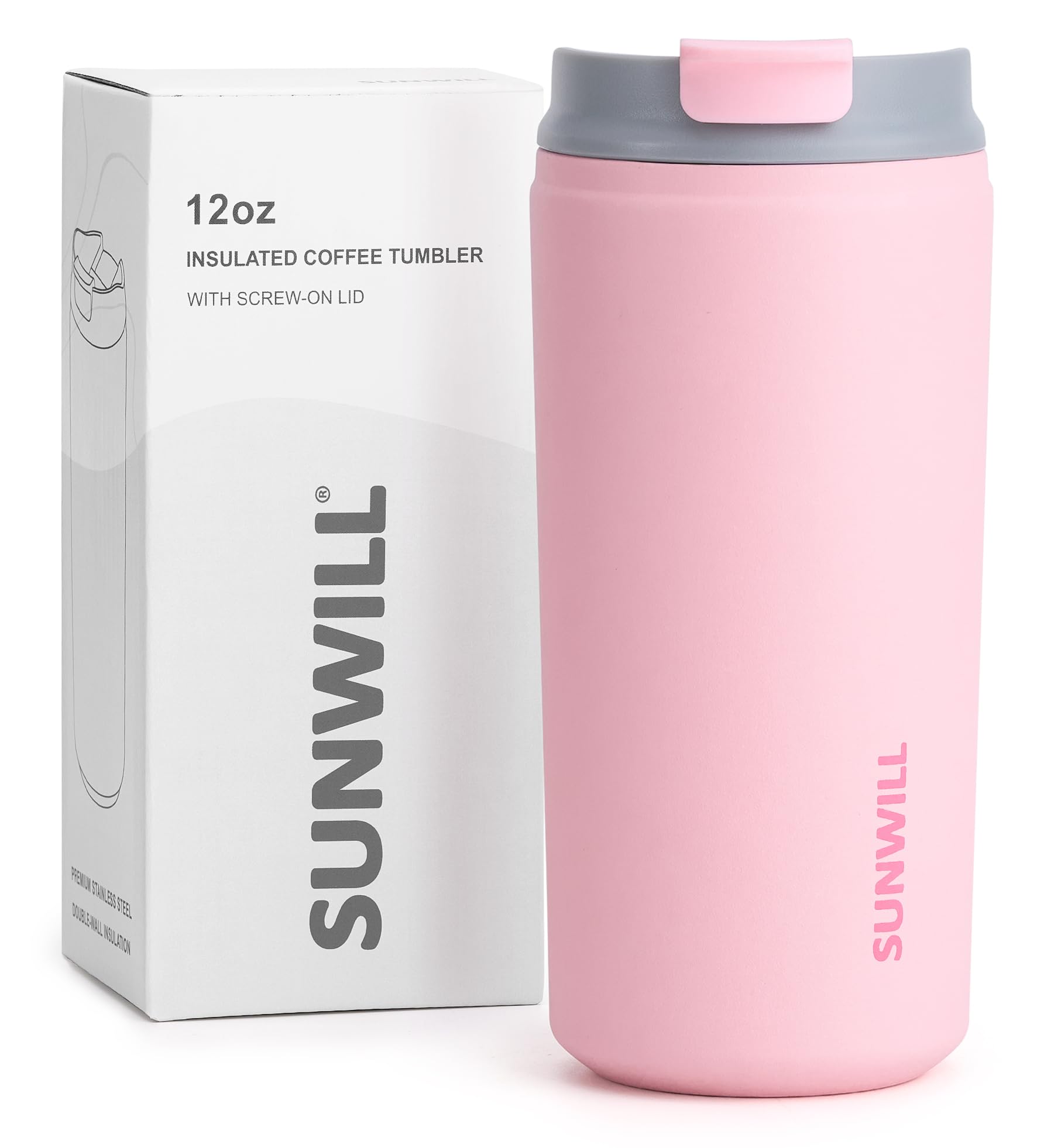 SUNWILL 12 oz Stainless Steel Insulated Coffee Mug with Lid - Leak Proof Travel Tumbler, Powder Coated Light Pink - Perfect for Office, Home, Commuting & Outdoor Activities