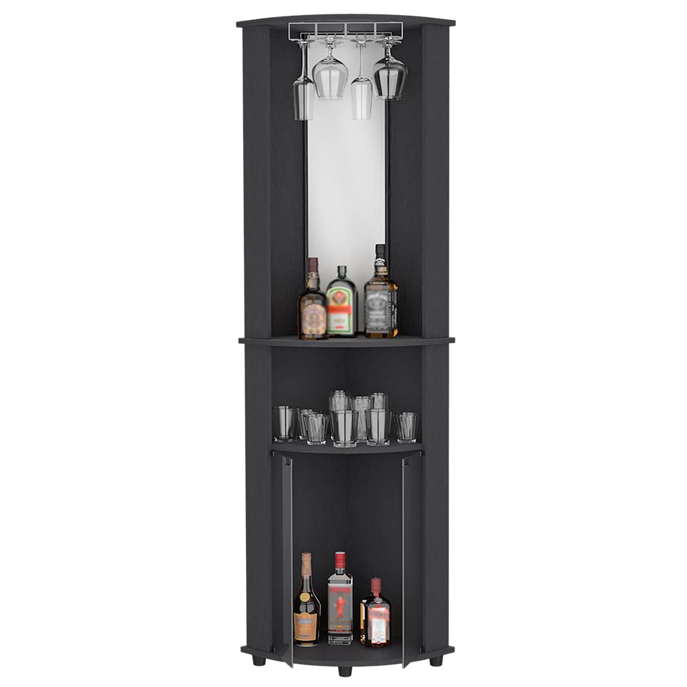 Bar Cabinet Corner Rialto - Modern Black Liquor Storage for Living Room, Dining Room & Home Bar | Space-Saving Corner Design for Wine & Glass Display
