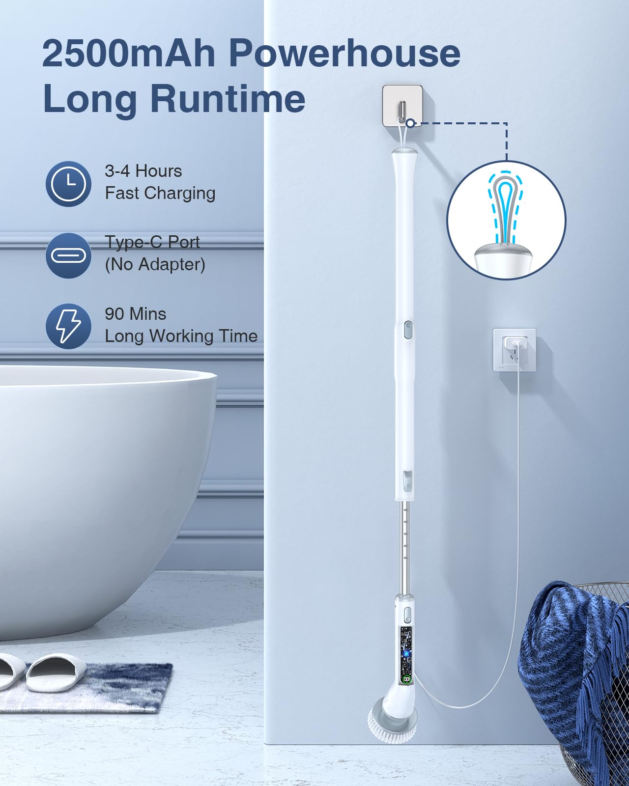 LABIGO Electric Spin Scrubber LA4 Pro - Cordless Cleaning Brush with 6 Replacement Heads, Adjustable Handle & 2-Speed Modes for Bathroom, Shower, Tile, Tub - Perfect for Deep Cleaning Floors, Walls and Hard-to-Reach Areas