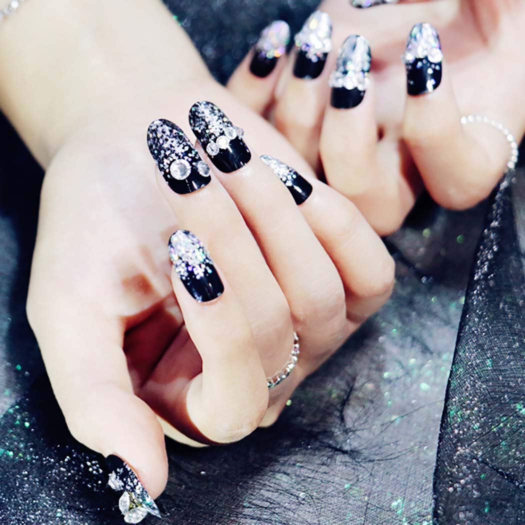 Fairvir Black Crystal Glitter Fake Nails with Rhinestones - 24Pcs Oval Full Cover Press on Nails for Women & Girls - Perfect for Birthday Parties, Weddings, and Special Occasions