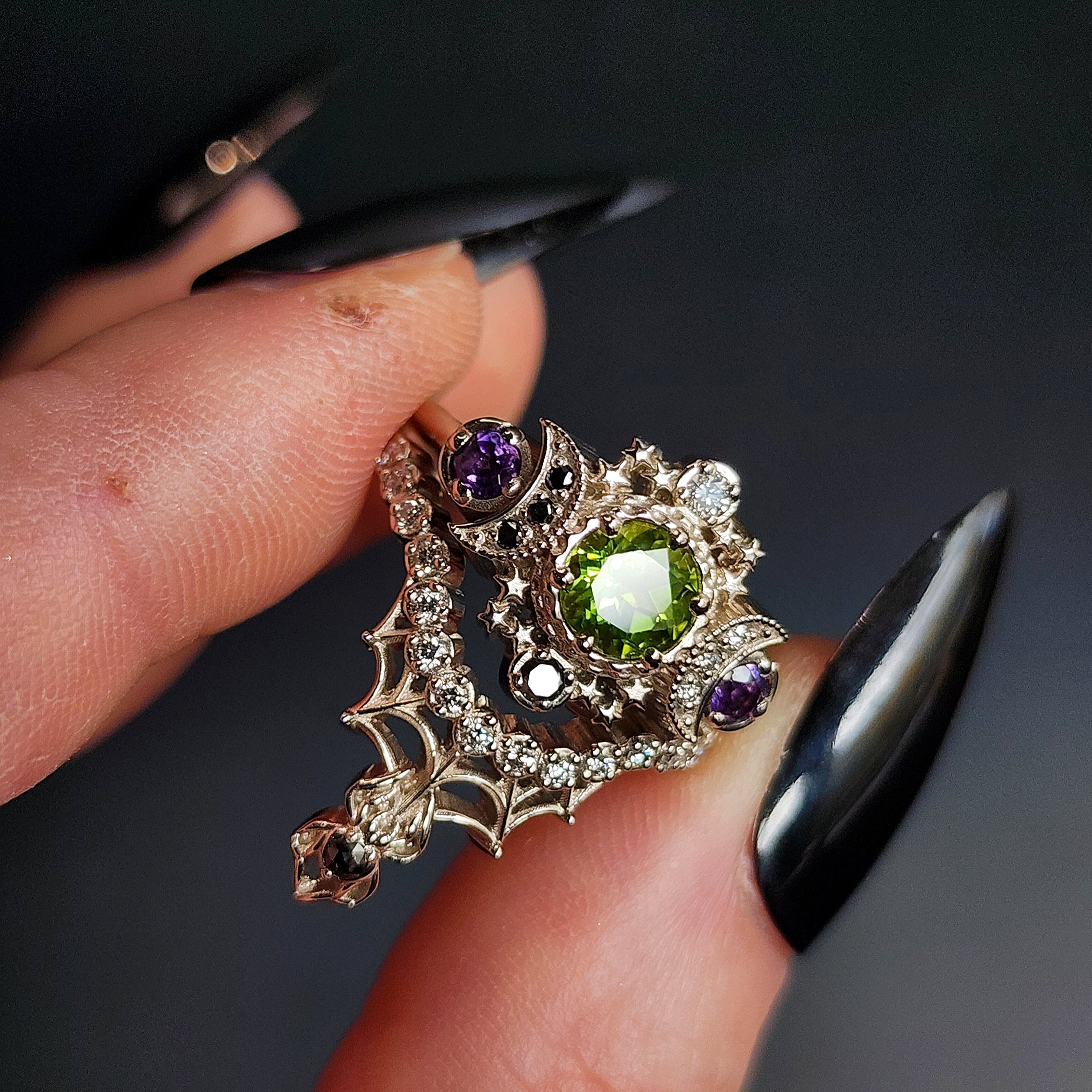 Peridot & Amethyst Spider Web Wedding Ring Set in 14k Palladium White Gold with Black & White Diamonds - Gothic Engagement Ring for Alternative Weddings, Dark Romance & Unique Jewelry Collections