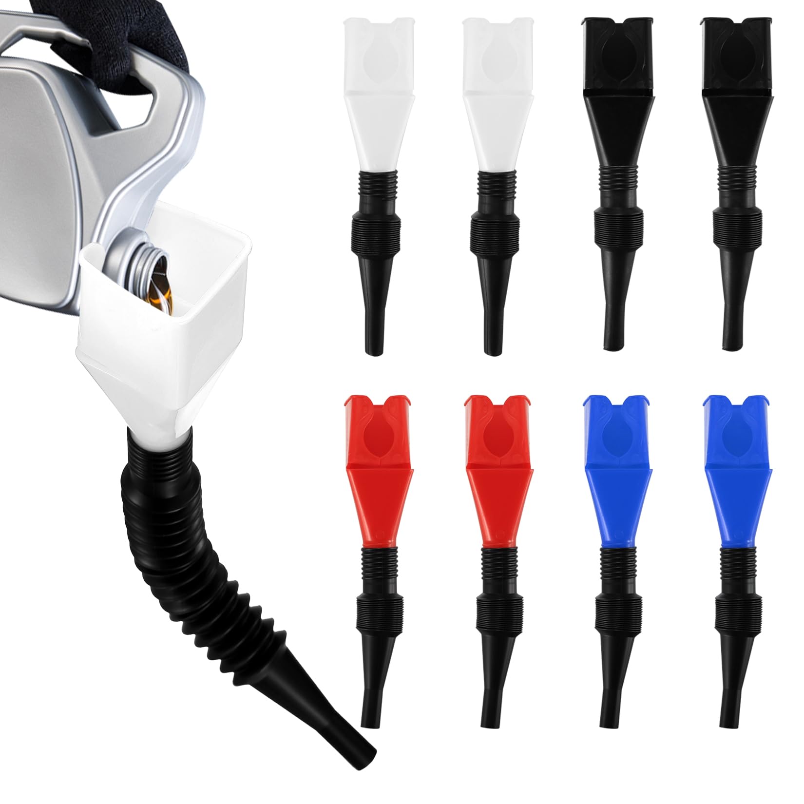 8-Piece Snap Funnel Set with Extendable Flexible Spout - Universal Car Oil Drain Tool for Motorcycle, Petrol, Diesel, Water - Durable Plastic Funnel in 4 Colors - Perfect for DIY Auto Maintenance & Fluid Transfer