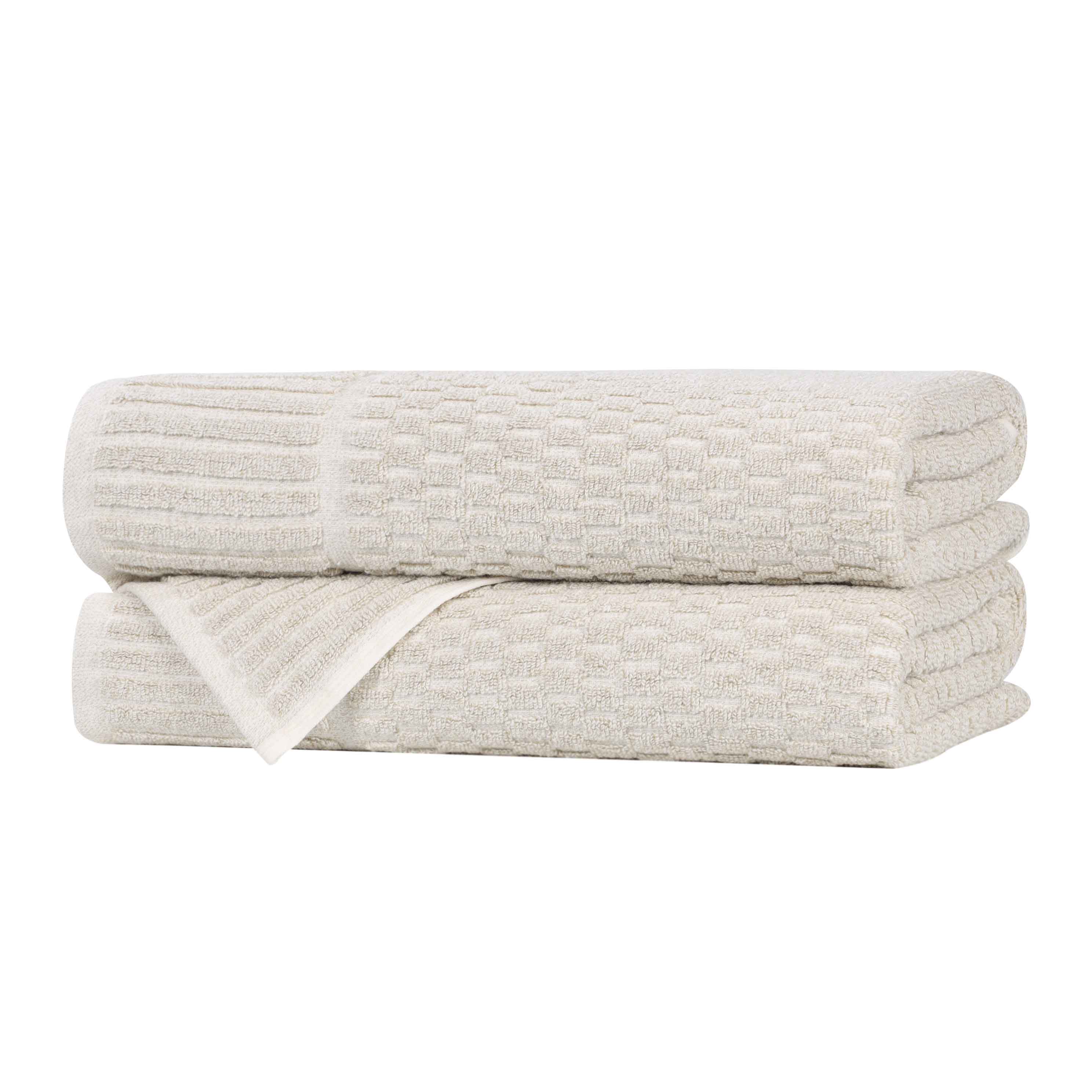 Premium Cotton Blend Checkered Border Bath Towels Set of 2 - Soft, Absorbent & Quick-Drying Medium Weight Towels for Bathroom, Spa, Gym & Beach Use