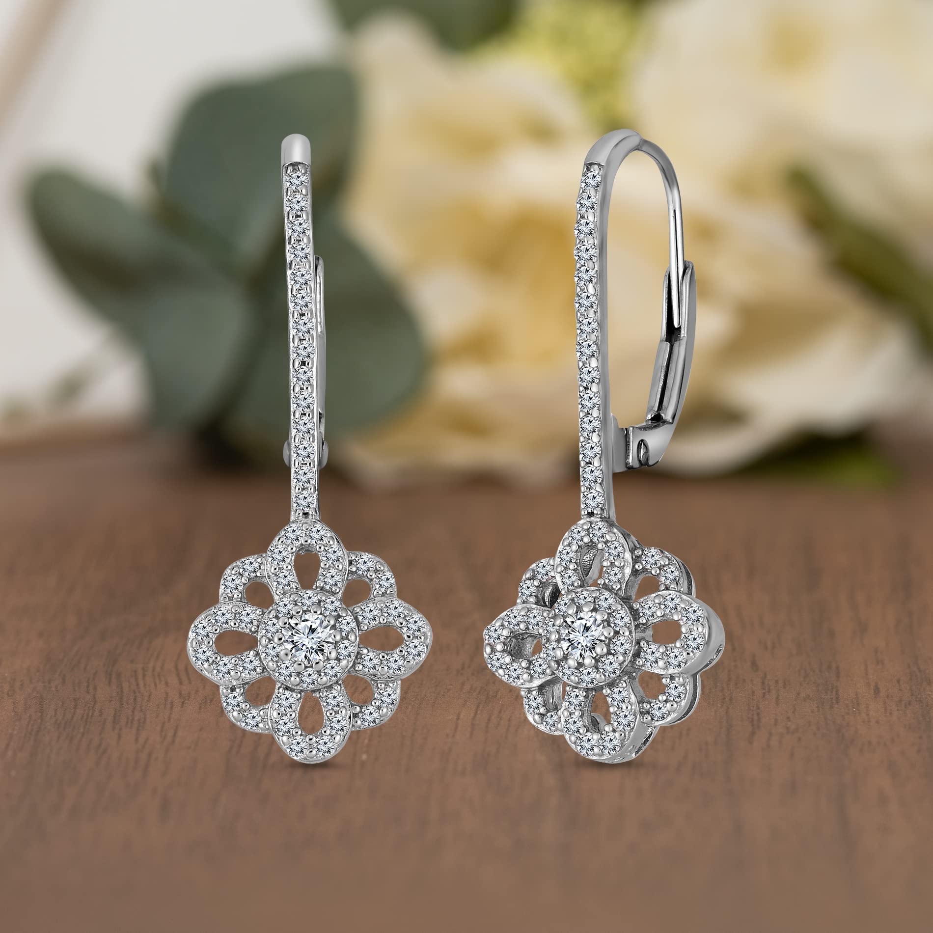 Natalia Drake Floral Medallion Drop Leverback 1/2 Cttw Diamond Earrings for Women - Rhodium Plated 925 Sterling Silver Jewelry - Perfect for Weddings, Parties & Special Occasions