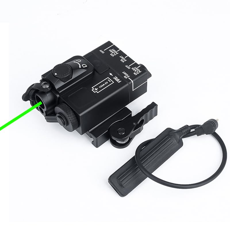 Metal DL-Mini Box Laser Sight with Quick Release Base Mount | IR + Red/Green/Blue Laser | Strobe/Constant Modes | Remote Pressure Switch | Fits 20mm Picatinny Rail (Green Laser) - Perfect for Tactical Shooting, Hunting & Airsoft