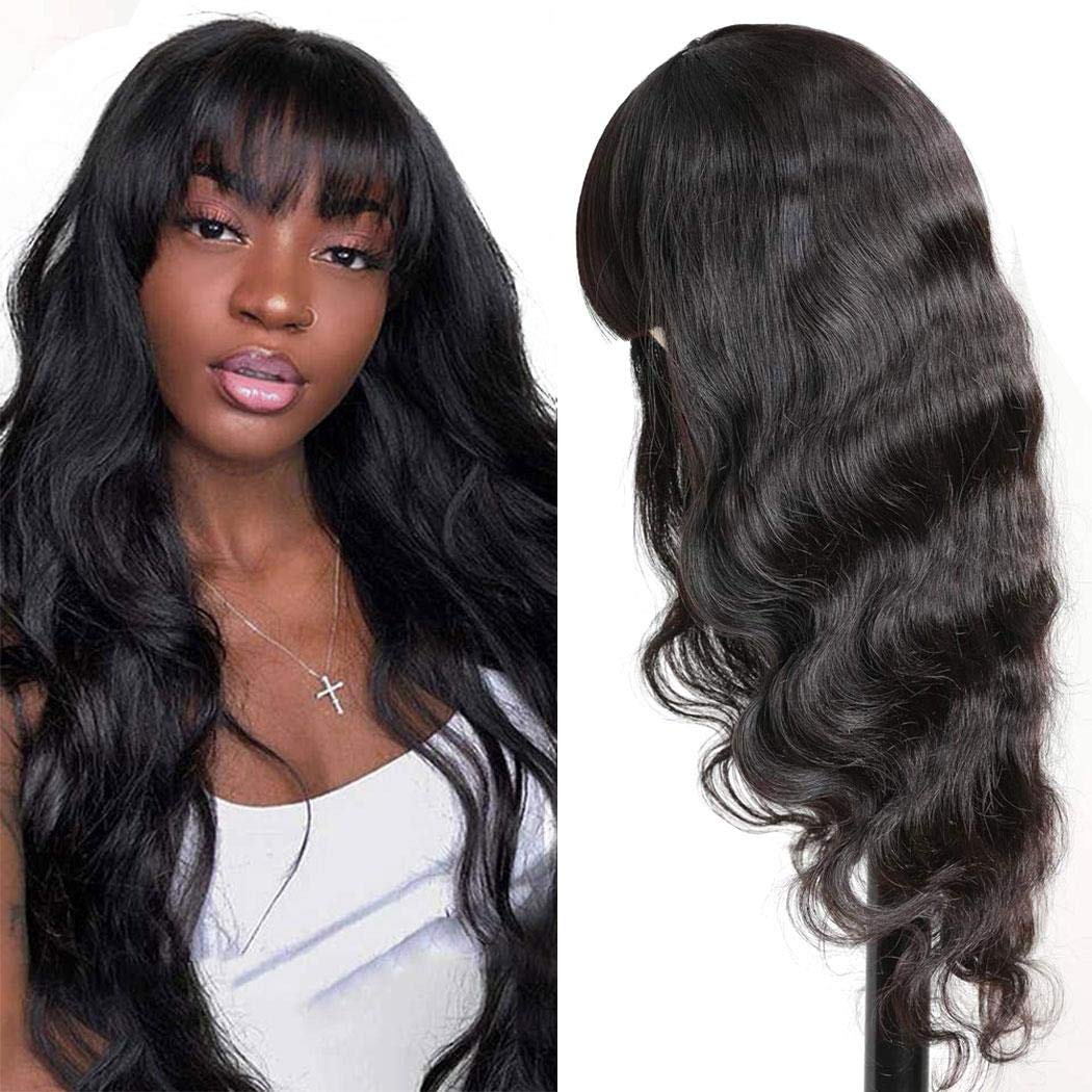 Brazilian Virgin Human Hair Body Wave Wigs with Bangs - Glueless Machine Made Lace Front Wigs for Black Women - 150% Density, 22 Inch Natural Color - Perfect for Daily Wear, Parties, and Special Occasions