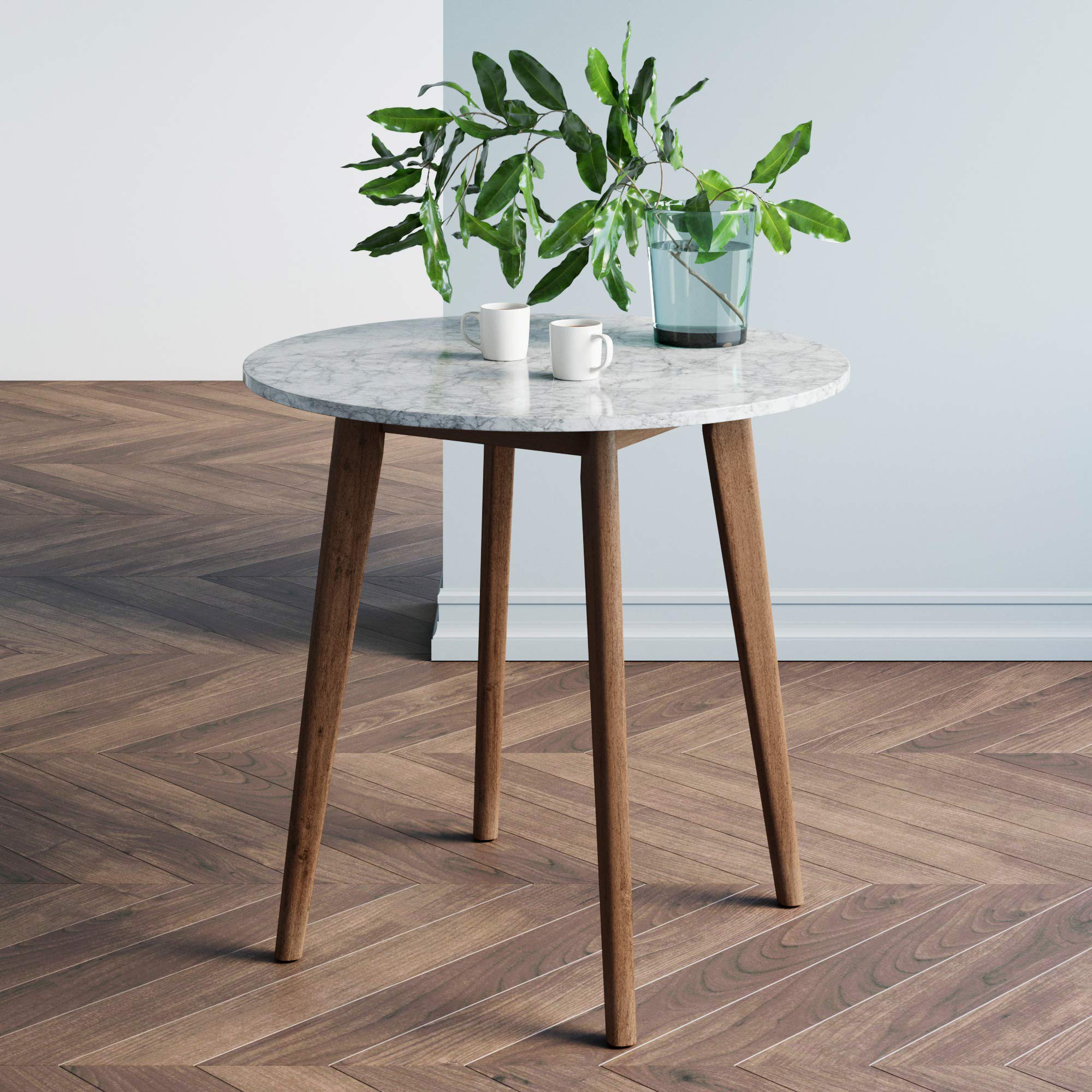 Nathan James Amalia Round Bistro Dining Table - Wooden Legs & Faux Carrara Marble Top - Vintage Coffee Table for Small Spaces, Kitchen Nook, or Balcony Dining