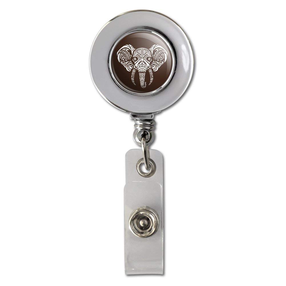 White African Elephant Tribal Retractable ID Badge Holder - Chrome Metal Reel Clip for Work Security, Office Access & Event Lanyards