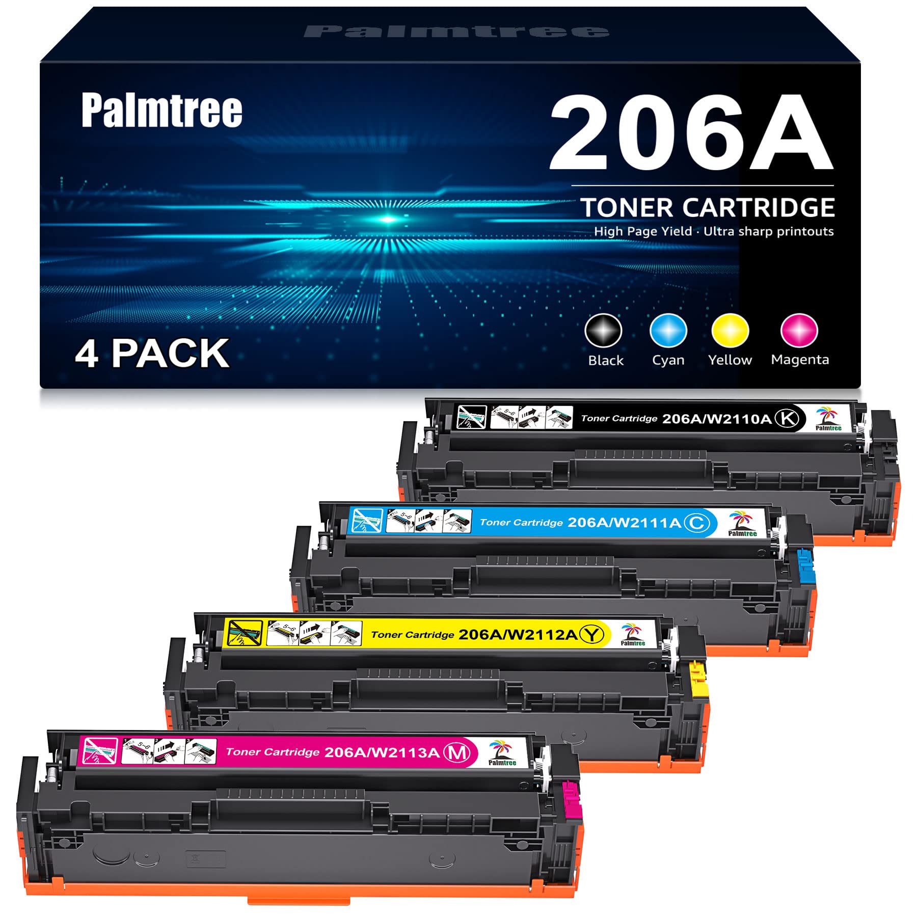 HP 206A 206X Compatible Toner Cartridge Replacement for Color LaserJet Pro MFP M283fdw M283cdw M283fdn M282mw M255dw M255nw M283 M255 Printers - High Yield W2110A W2110X W2111X W2112X W2113X - Perfect for Home & Office Printing Needs