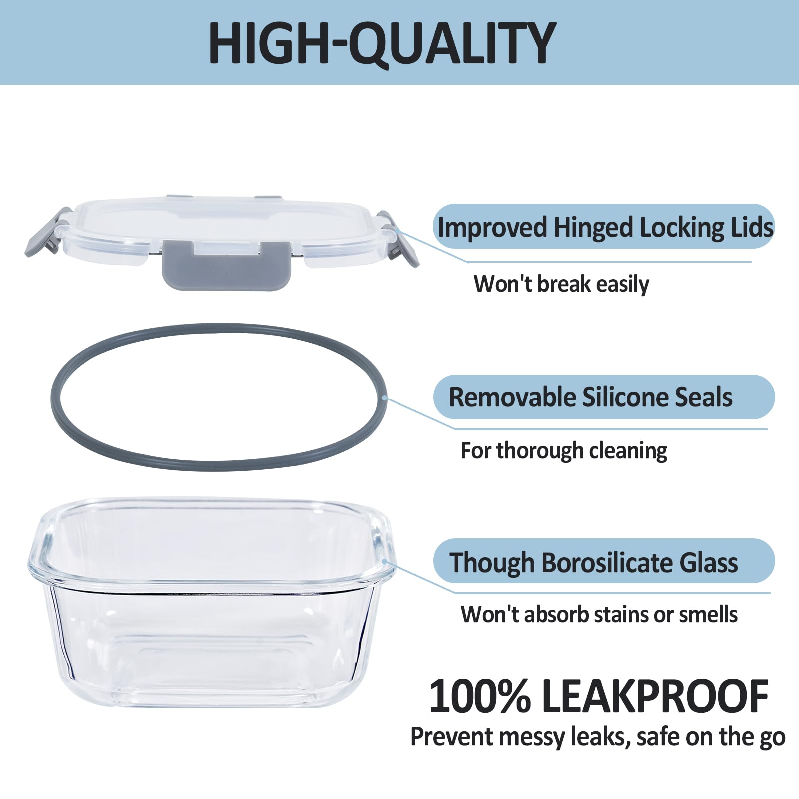 Premium 4-Pack Glass Food Storage Containers with Airtight Lids - Shatterproof & Leakproof for Oven, Microwave & Dishwasher Safe - Ideal for Meal Prep, Leftovers & Pantry Organization (Grey)