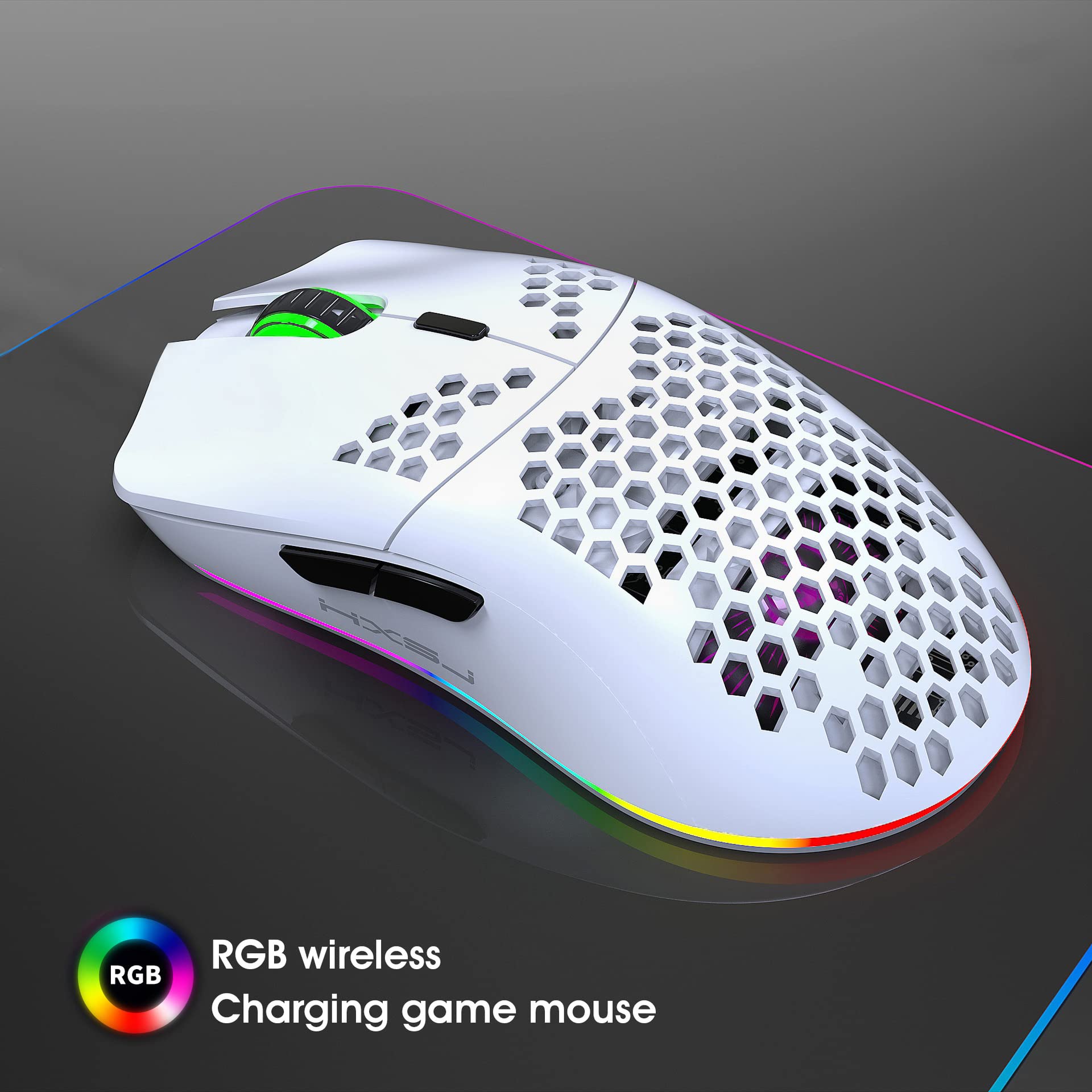 Zunate Wireless Gaming Mouse - 2.4GHz Hollow RGB Mouse with 3600DPI & 6 Programmable Buttons for PC, Laptop, Computer (White) - Perfect for FPS, MOBA Games & Office Work