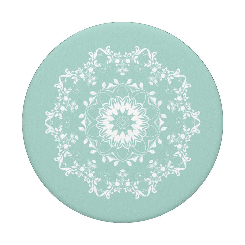 Pastel Mint Green Arabesque Mandala White Artistic PopGrip - Swappable Phone & Tablet Grip for Stylish Protection and Secure Handling