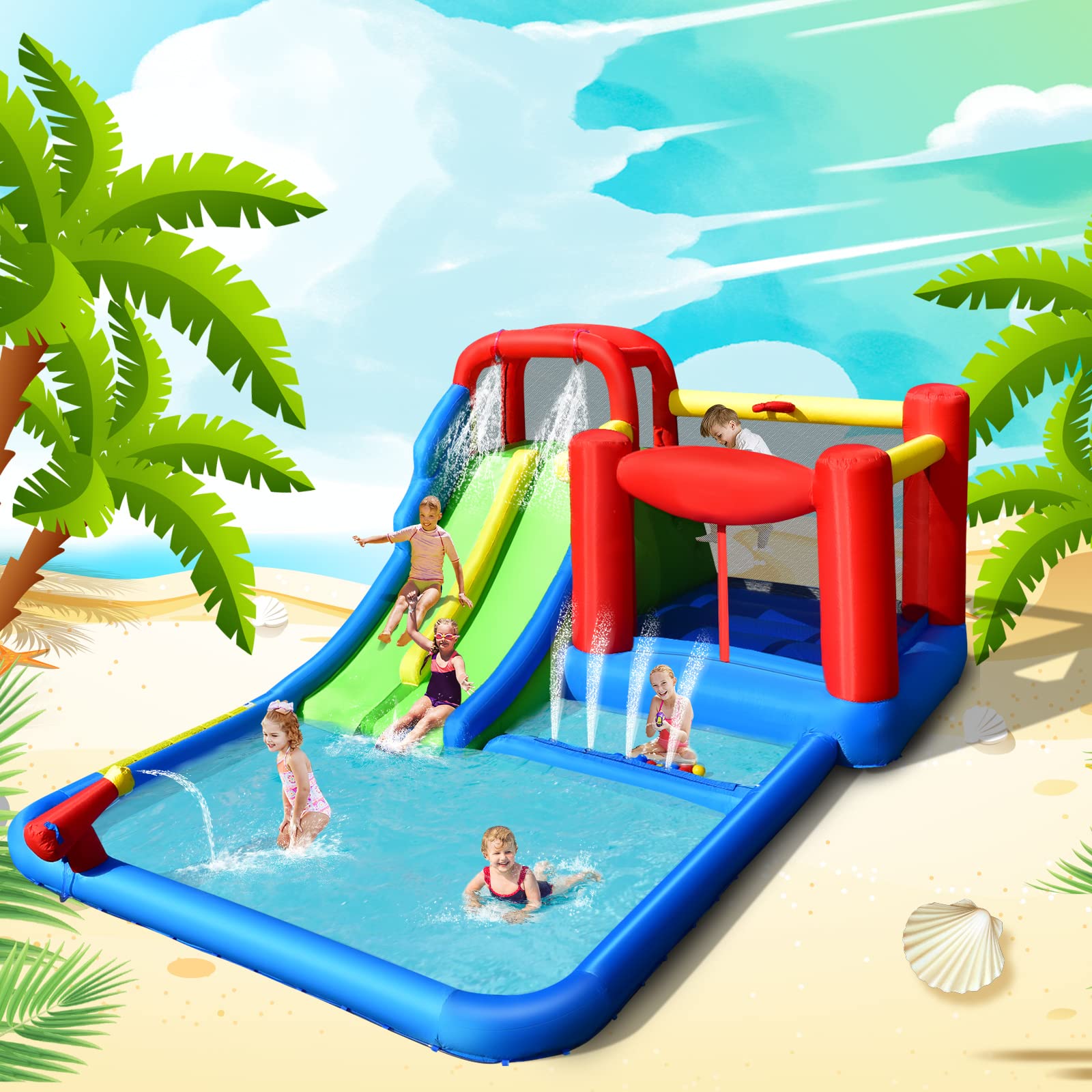 **HONEY JOY 7-in-1 Giant Inflatable Water Slide & Bounce House - Double Long Slide, Splash Pool, Backyard Water Park for Kids & Adults (Blower Not Included) - Perfect for Summer Parties, Birthdays & Outdoor Fun**