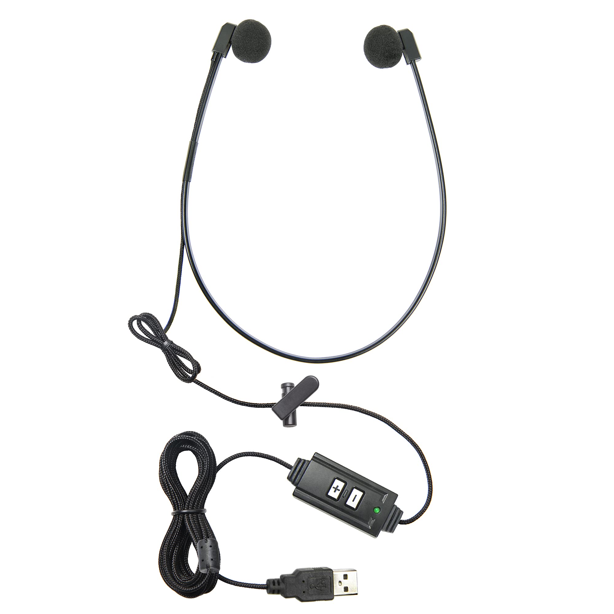 Premium ECS WordHear-O USB Transcription Headset with Built-in Sound Card & Volume Control - Under-Chin Design, 7ft Cord with Clothing Clip & 3 Extra Ear Sponges - Perfect for Computer Transcribing, Medical Dictation & Call Center Use