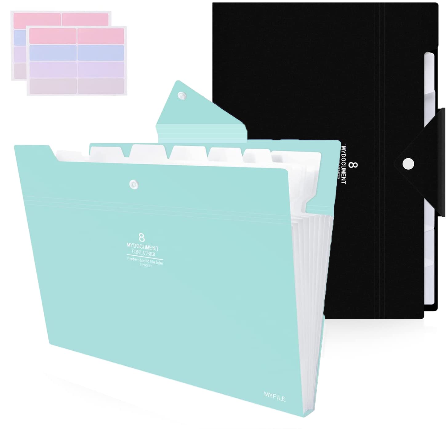 2 Pack Expanding File Folders - 8 Pockets Accordion Organizer for Letter & A4 Paper, Plastic Expandable Document Holder with Snap Closure - Perfect for School, Office & Home Organization (Black & Jade Green) - Ideal for Bills, Receipts, Tax Documents & Important Papers